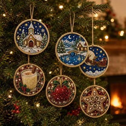 6pcs Winter Xmas Scene Pearl Art Diamond Painting Pendant