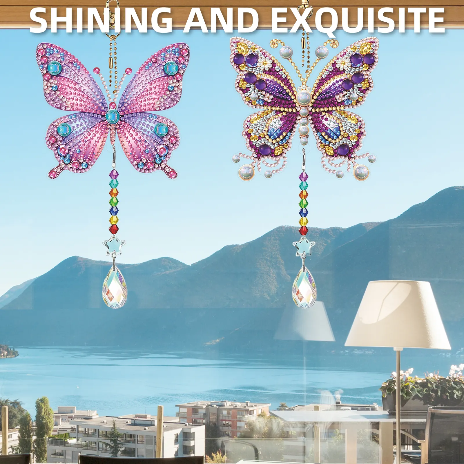 Butterfly 5D Diamond Painting Suncatcher with Crystal Pendant, Double-Sided Hanging Wind Chime Kit for Adults | Colorful Spring Window Decor