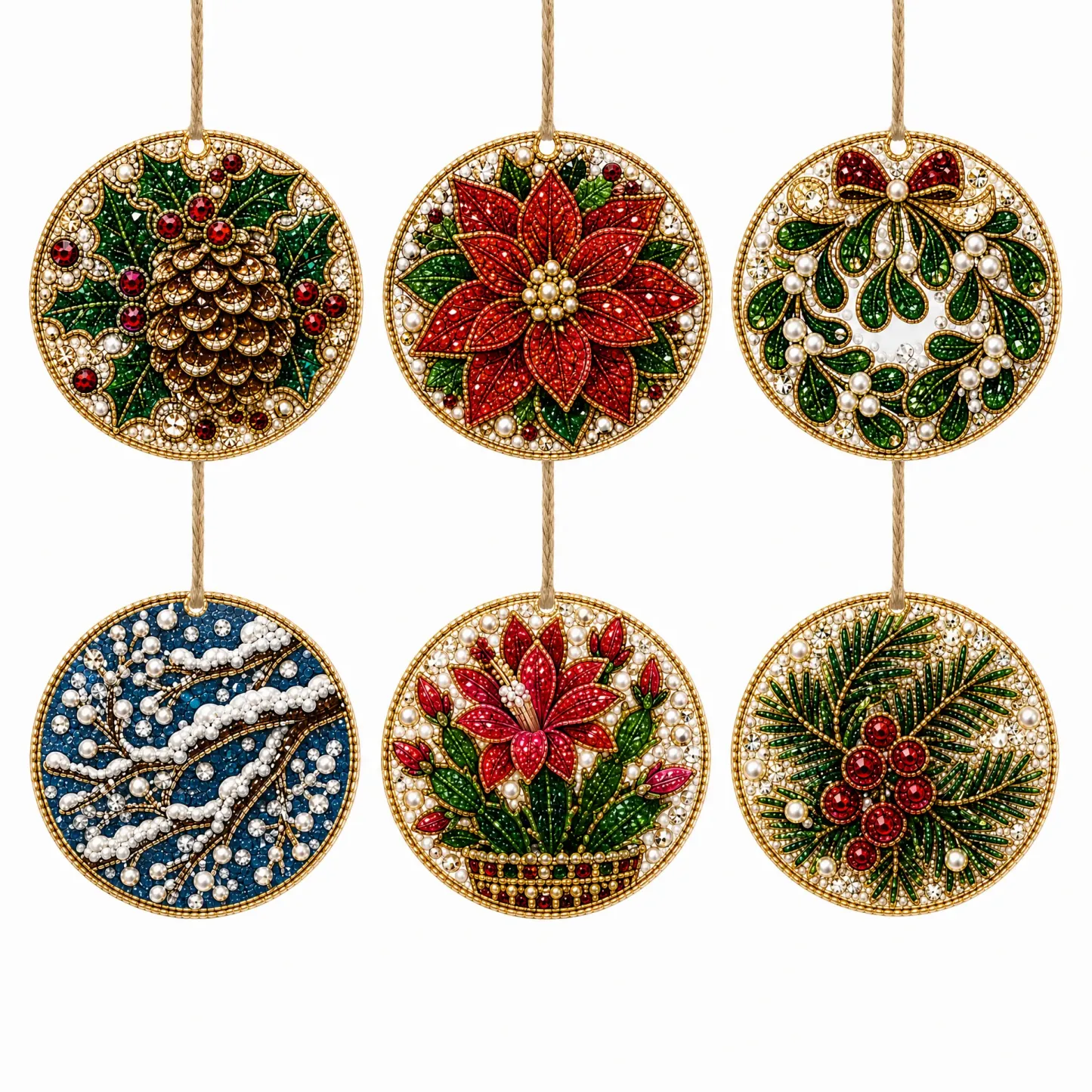 6 Pcs Christmas Wooden Ornaments DIY Pearls Diamond Painting Kit Rhinestone Art Pendants with Hemp Rope for Holiday Tree Decor