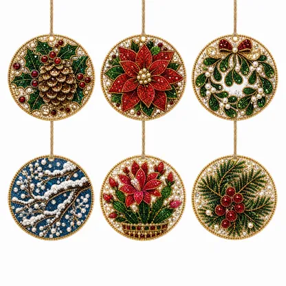 6 Pcs Christmas Wooden Ornaments DIY Pearls Diamond Painting Kit Rhinestone Art Pendants with Hemp Rope for Holiday Tree Decor