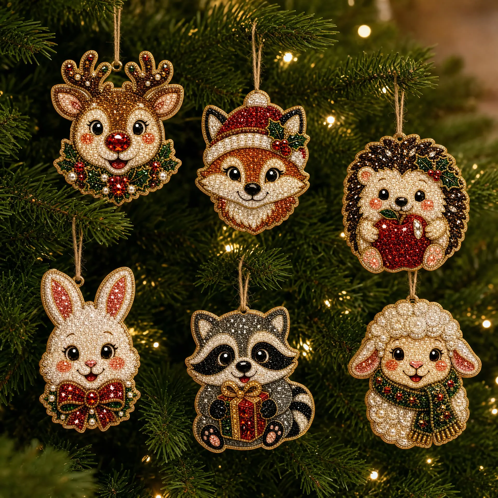 6pcs Forest Cute Animals Pearl Art Diamond Painting  Pendant - Acrylic Christmas Tree Ornaments DIY Decor Kit