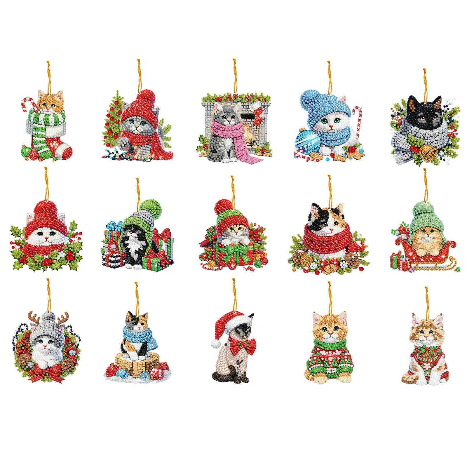 15Pcs DIY Christmas Atmosphere Cat Diamond Painting Pendant (Double-Sided)