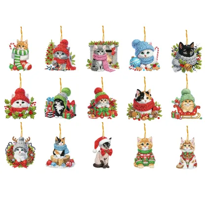 15Pcs DIY Christmas Atmosphere Cat Diamond Painting Pendant (Double-Sided)
