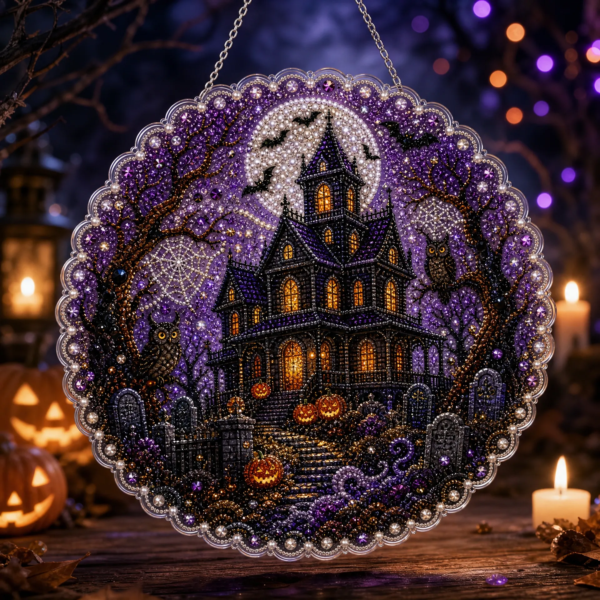 DIY Haunted House Halloween Diamond Painting Pearls Painting Pendant (Single-Sided)