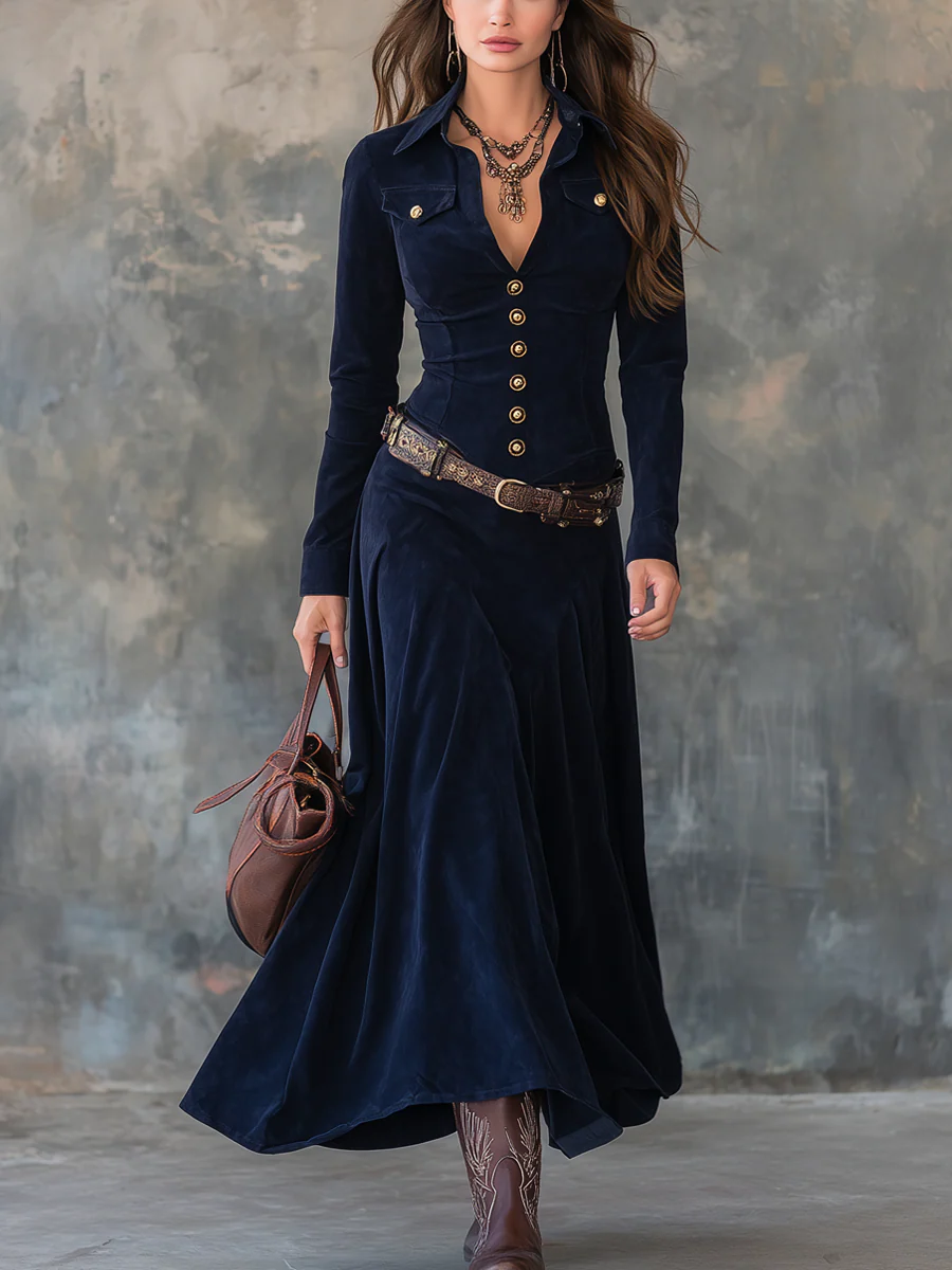 Vintage-style long dress with flap pockets, made of polyester suede (i