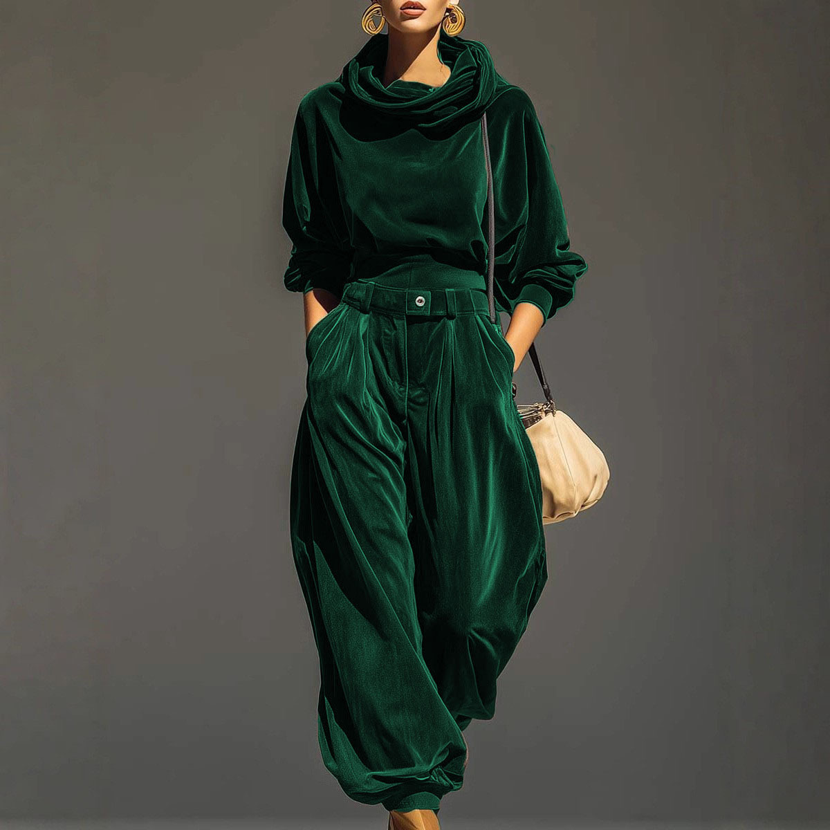 Vintage brown velvet hoodie and loose-fitting trousers set（Includes be