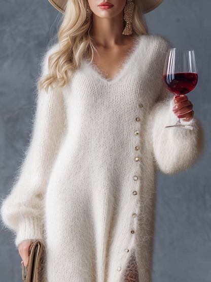 Pohodlné pletené šaty s výstřihem do V a bočním rozparkem