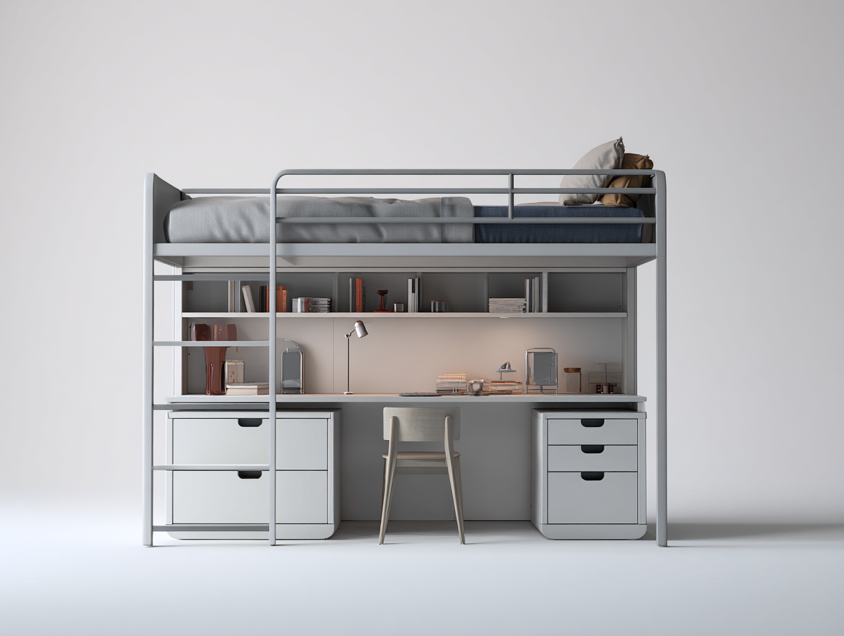 Literas metálicas con escritorio integrado y almacenamiento 200x100x170 cm - blanco - gris claro - para dormitorio juvenil - diseño minimalista-Casagoio