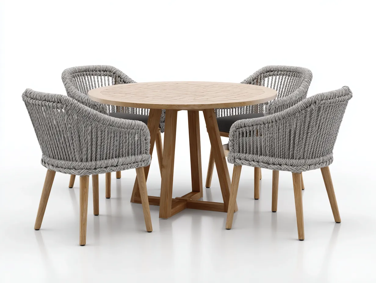 Conjuntos de comedor de jardín de madera y cuerda trenzada - madera clara y gris claro - para exterior - diseño natural-Casagoio