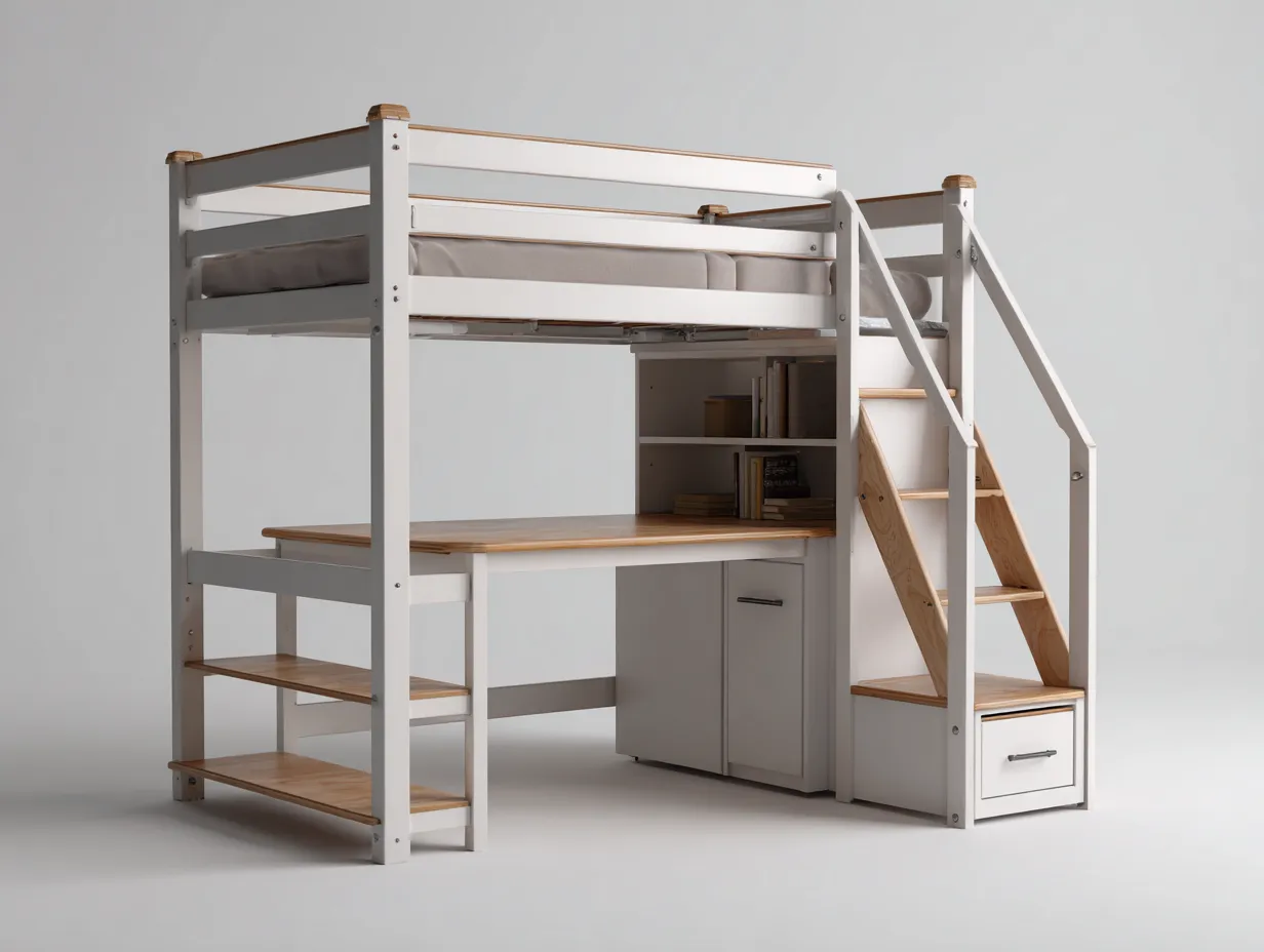 Literas de madera con escritorio integrado y almacenamiento 200x100x170 cm - blanco - madera natural - para dormitorio juvenil - diseño moderno-Casagoio