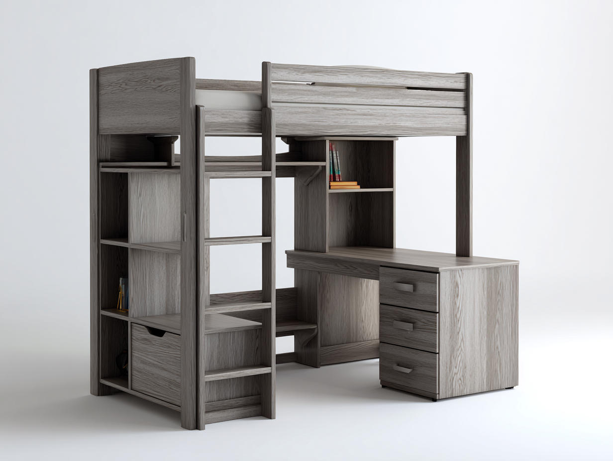 Literas de madera con escritorio integrado y almacenamiento 200x100x170 cm - gris claro - para dormitorio juvenil - diseño moderno-Casagoio
