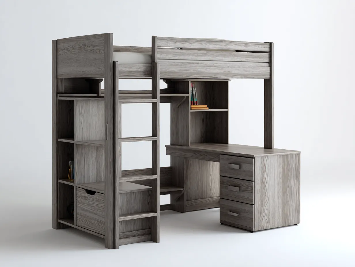 Literas de madera con escritorio integrado y almacenamiento 200x100x170 cm - gris claro - para dormitorio juvenil - diseño moderno-Casagoio