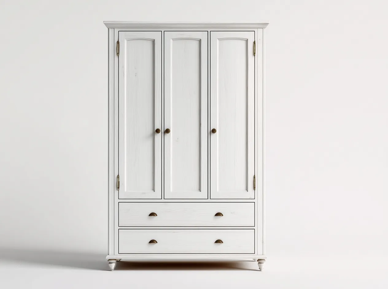 Armadio a 3 ante-Legno massello-154x59x208 cm-Bianco avorio-Stile classico-Oakgethut