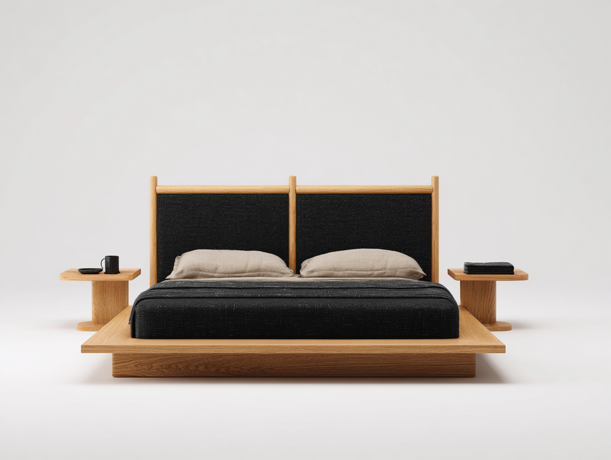 Camas dobles de madera y tejido 220x180x110 cm - natural - negro - para dormitorio - diseño minimalista-Homigoio