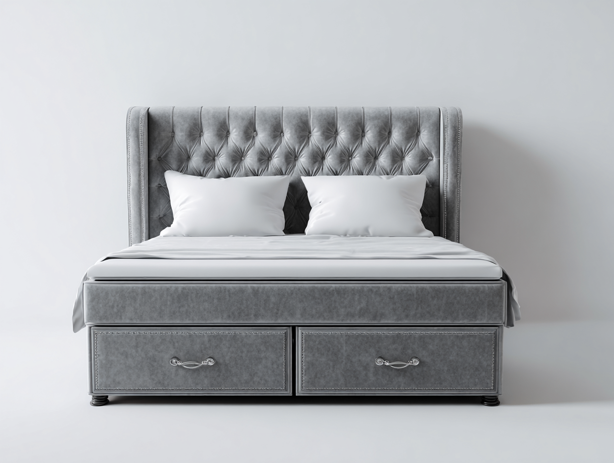 Camas dobles tapizadas en terciopelo con almacenamiento 210x170x135 cm - gris claro - para dormitorio - diseño capitoné moderno-Homigoio