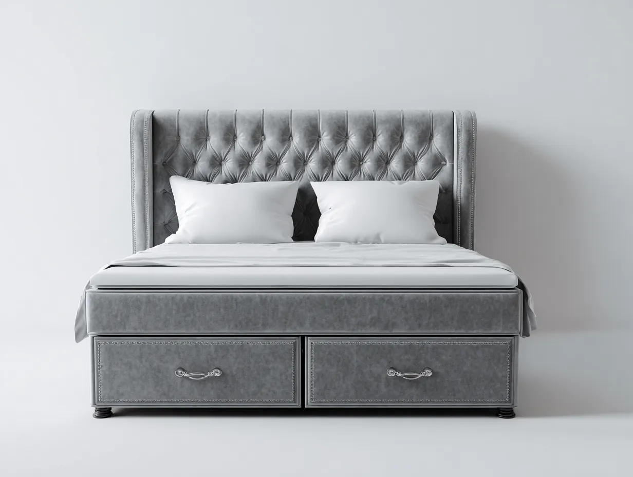 Camas dobles tapizadas en terciopelo con almacenamiento 210x170x135 cm - gris claro - para dormitorio - diseño capitoné moderno-Homigoio