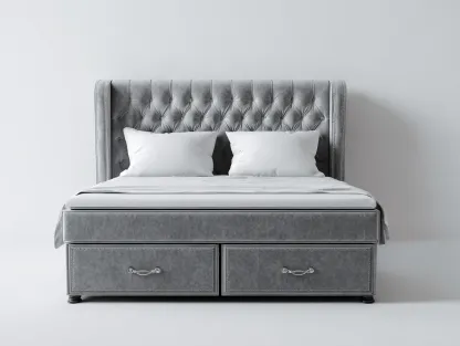 Camas dobles tapizadas en terciopelo con almacenamiento 210x170x135 cm - gris claro - para dormitorio - diseño capitoné moderno-Homigoio