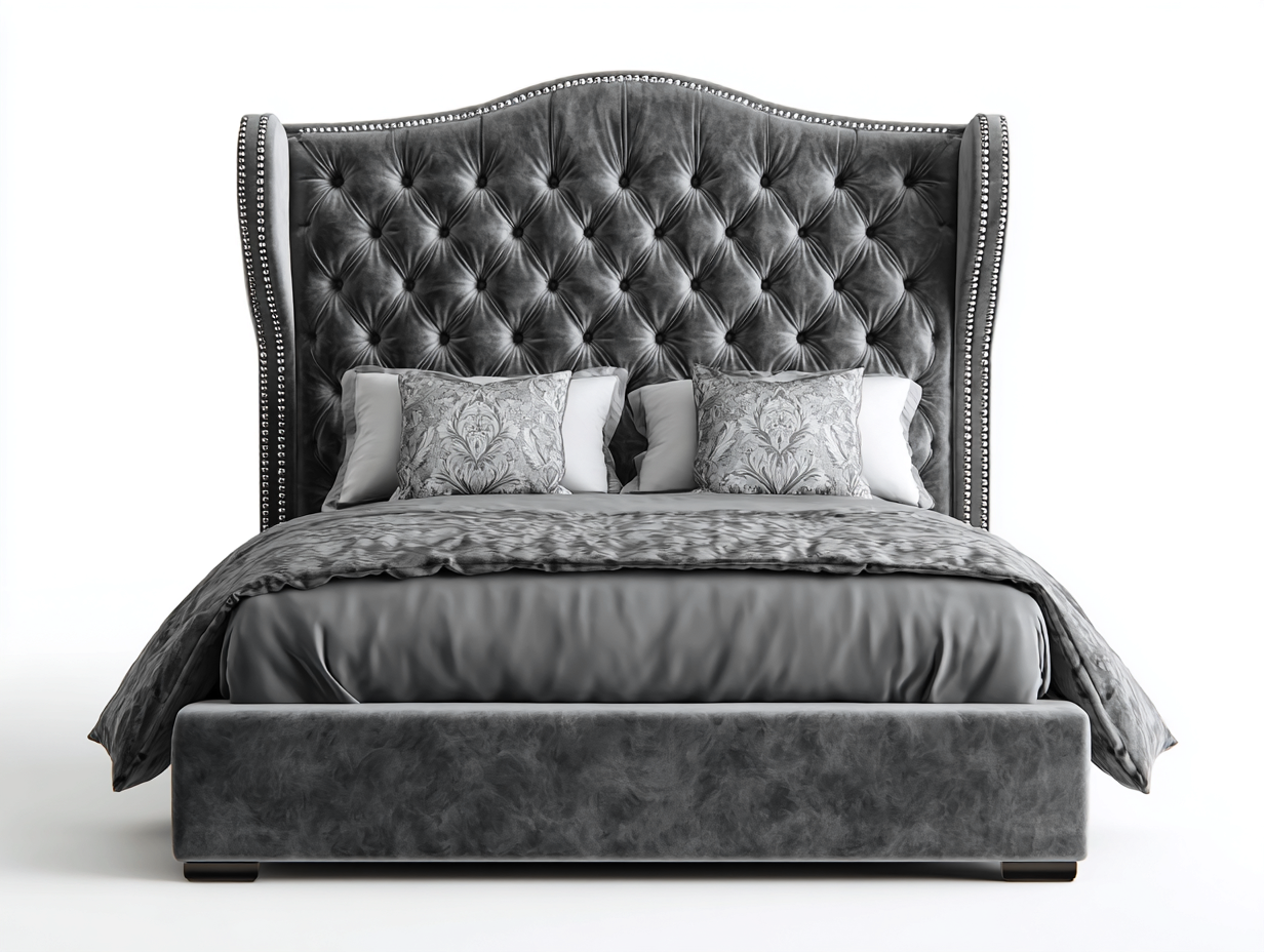 Camas dobles tapizadas en terciopelo 215x175x145 cm - gris oscuro - para dormitorio - diseño capitoné clásico-Homigoio