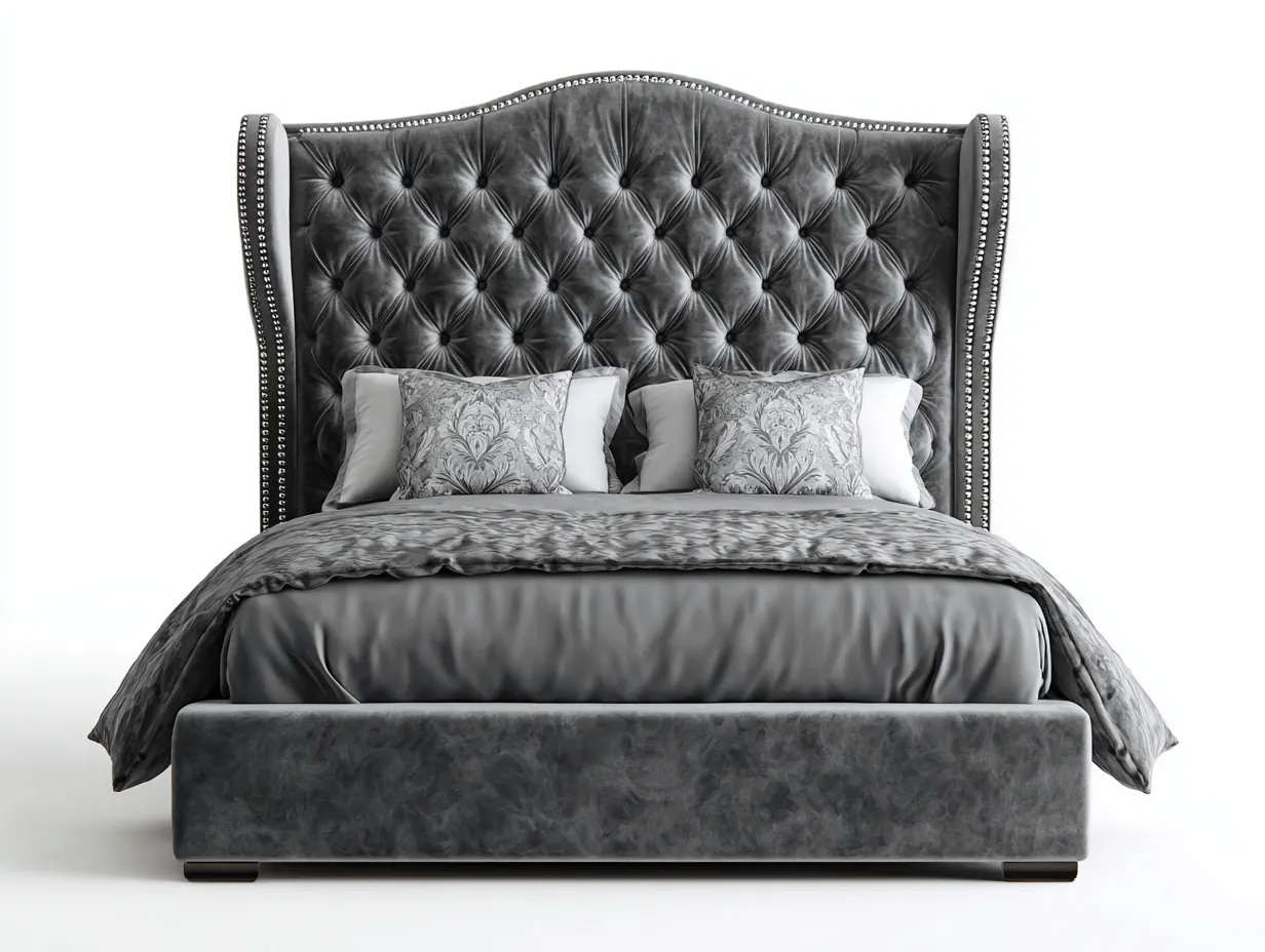 Camas dobles tapizadas en terciopelo 215x175x145 cm - gris oscuro - para dormitorio - diseño capitoné clásico-Homigoio