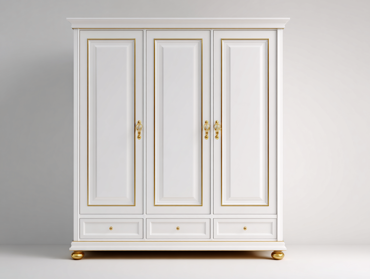 Armarios de tres puertas de madera 160x55x200 cm - blanco - dorado - para dormitorio - estilo clásico-Homigoio