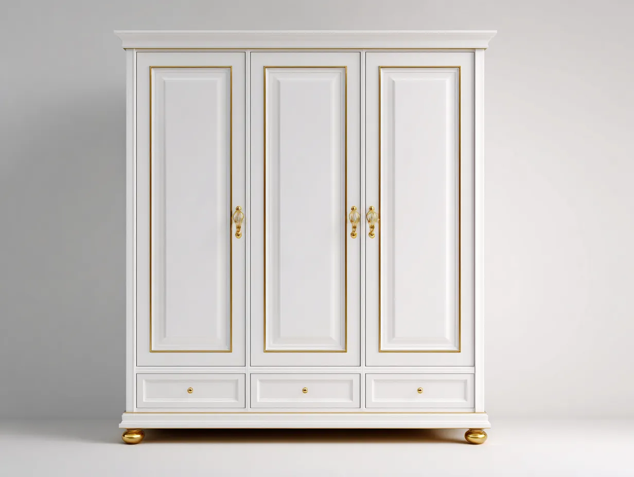 Armarios de tres puertas de madera 160x55x200 cm - blanco - dorado - para dormitorio - estilo clásico-Homigoio