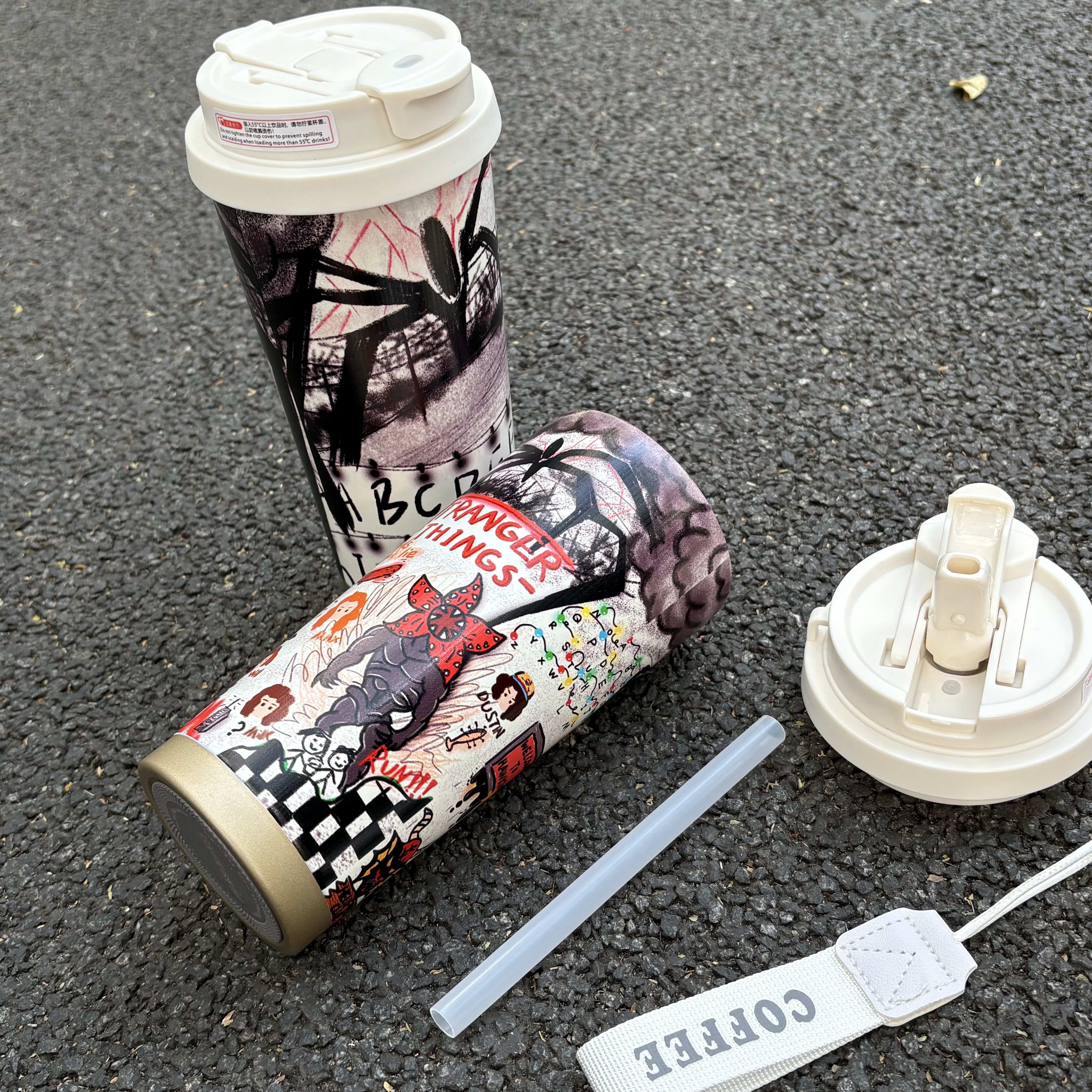 Stranger Things Graffiti Thermos Cup Stainless Steel Straw Double Wall Insulated Large Capacity Coffee Water Mug High Value Bottles Drink
