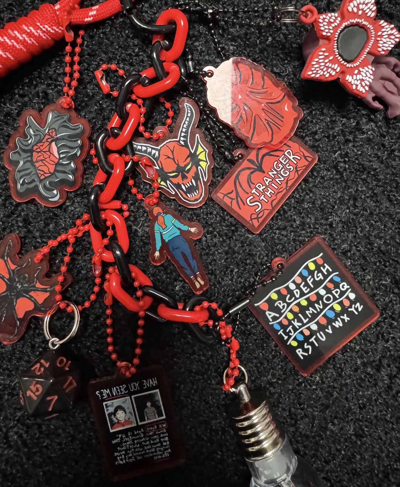 Handmade Stranger Things Bag Charm, Demogorgon Designer Keychain With Glowing Light Bulb, D&D Dice, Will Byers Missing Card, Hellfire Club Pendant, Backpack Accessory Gift for Fans