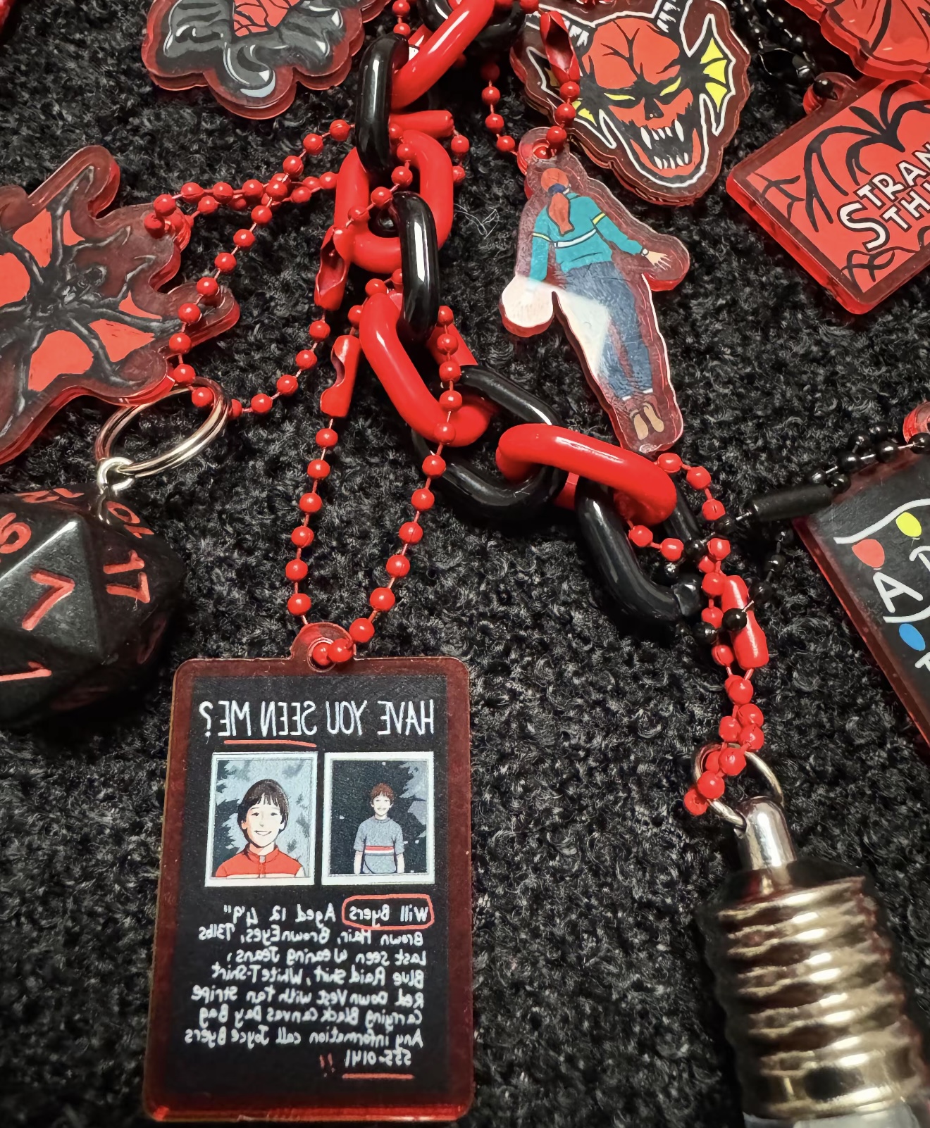 Handmade Stranger Things Bag Charm, Demogorgon Designer Keychain With Glowing Light Bulb, D&D Dice, Will Byers Missing Card, Hellfire Club Pendant, Backpack Accessory Gift for Fans