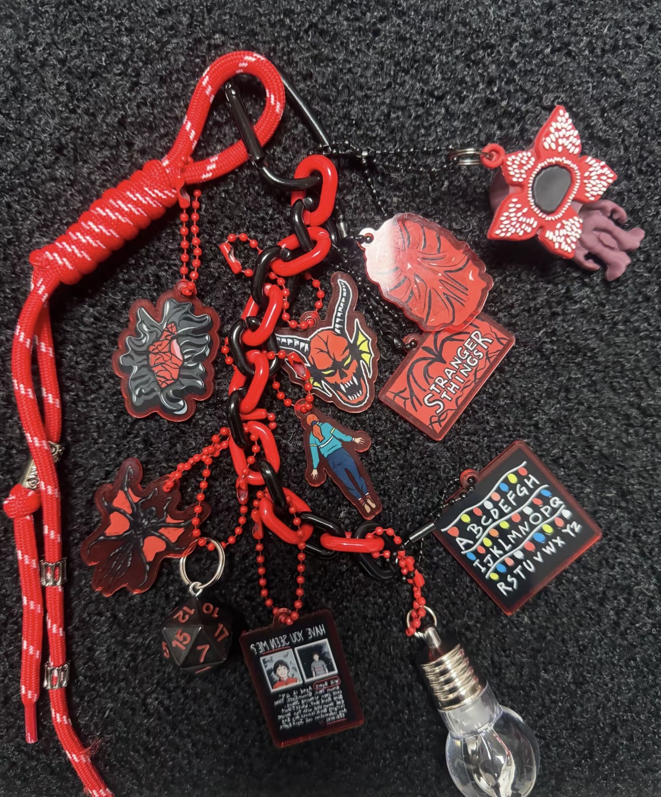 Handmade Stranger Things Bag Charm, Demogorgon Designer Keychain With Glowing Light Bulb, D&D Dice, Will Byers Missing Card, Hellfire Club Pendant, Backpack Accessory Gift for Fans