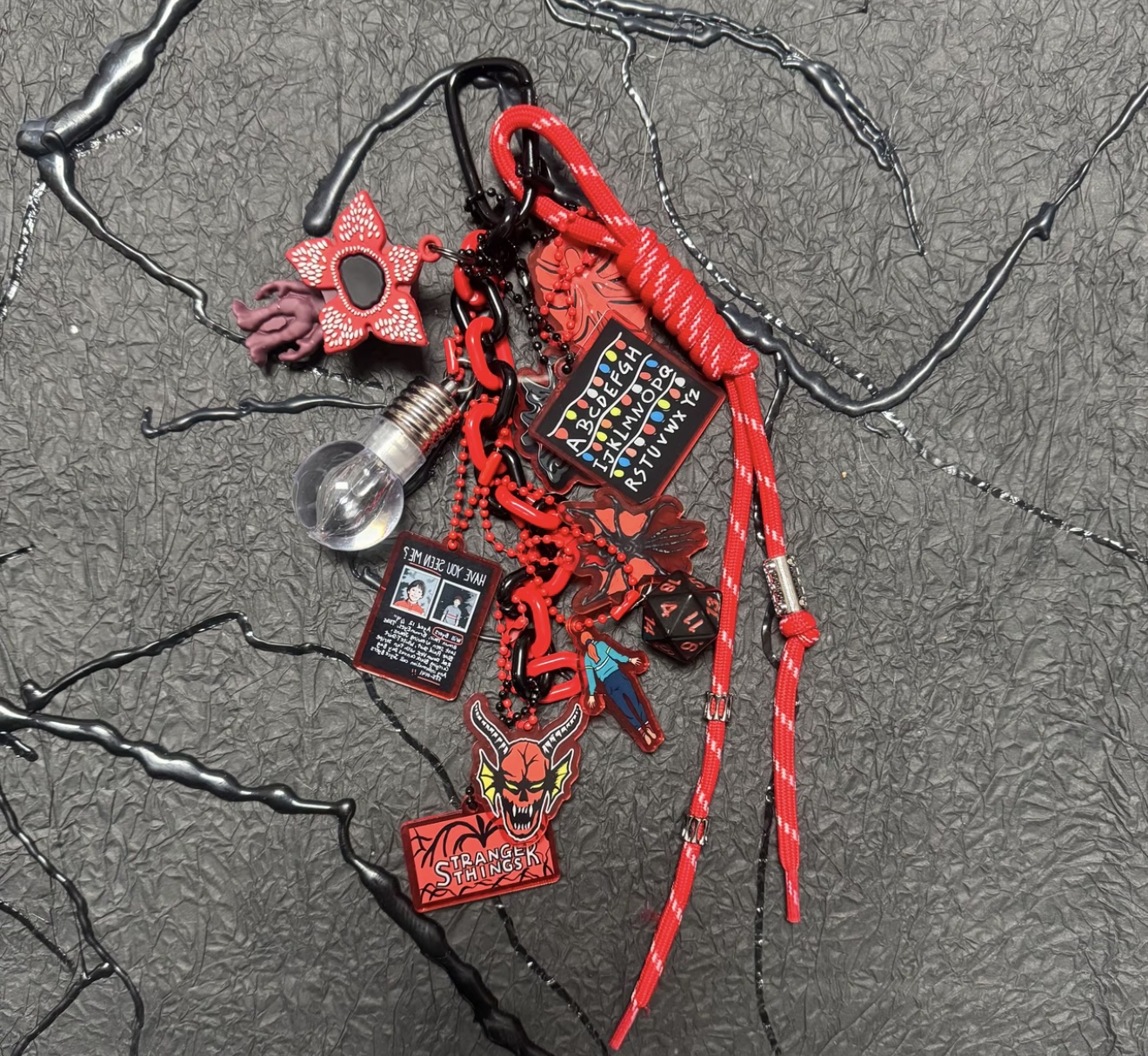 Handmade Stranger Things Bag Charm, Demogorgon Designer Keychain With Glowing Light Bulb, D&D Dice, Will Byers Missing Card, Hellfire Club Pendant, Backpack Accessory Gift for Fans