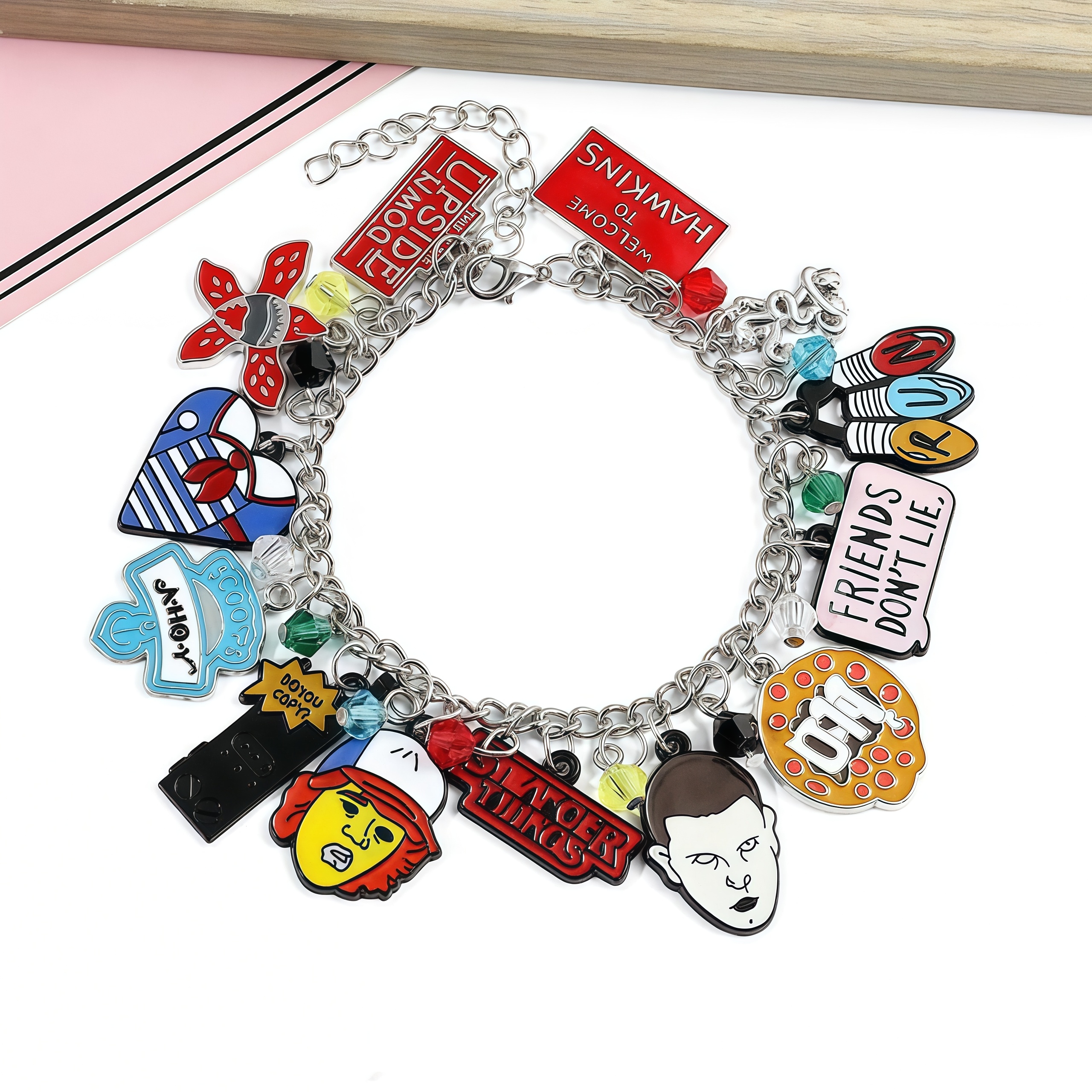 Stranger Things DIY Bracelet with Assorted Zinc Alloy Pendants & Cartoon Charms Lightweight Customizable Jewelry Gift for Fans Wicker Man Hellfire Club
