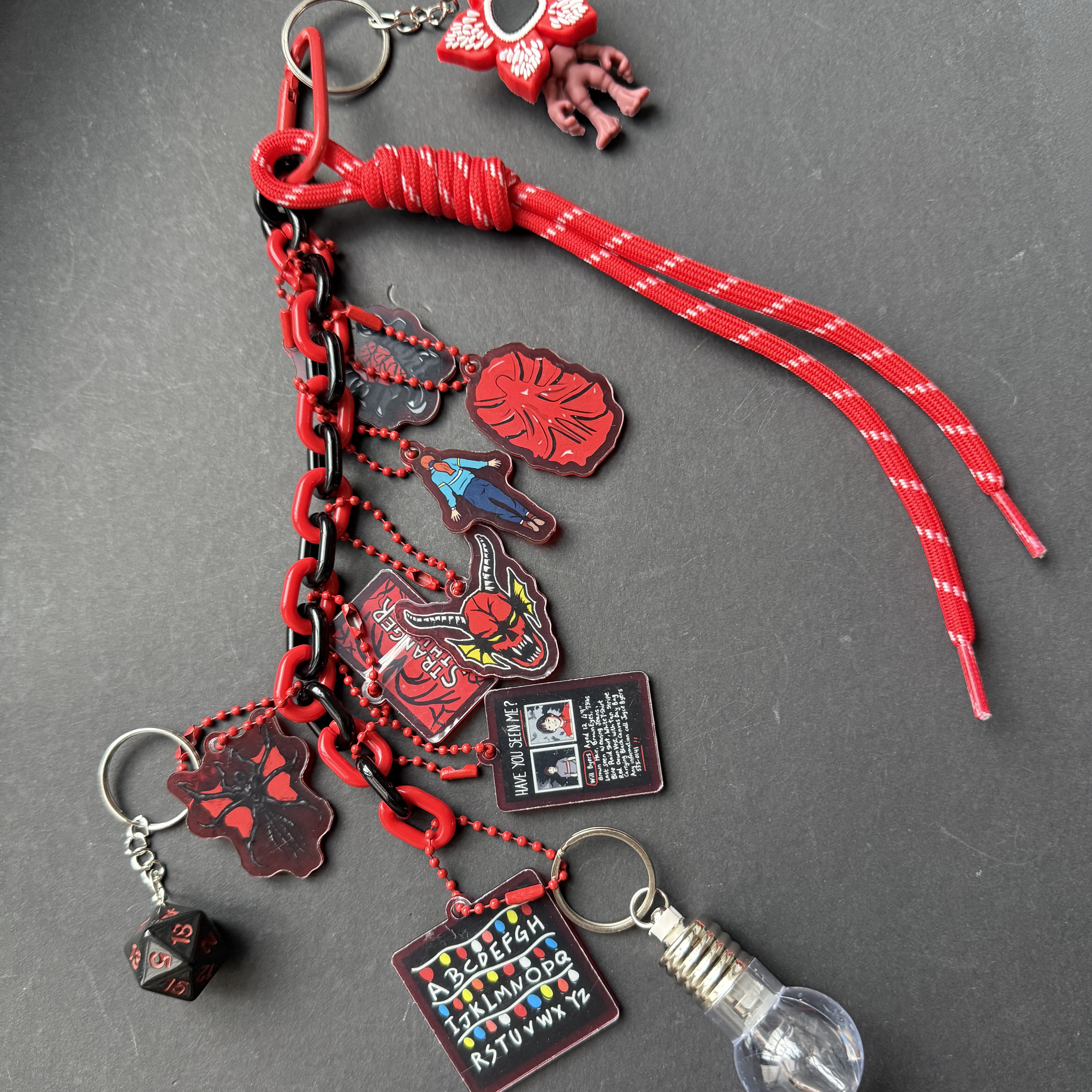 Handmade Stranger Things Bag Charm, Demogorgon Designer Keychain With Glowing Light Bulb, D&D Dice, Will Byers Missing Card, Hellfire Club Pendant, Backpack Accessory Gift for Fans