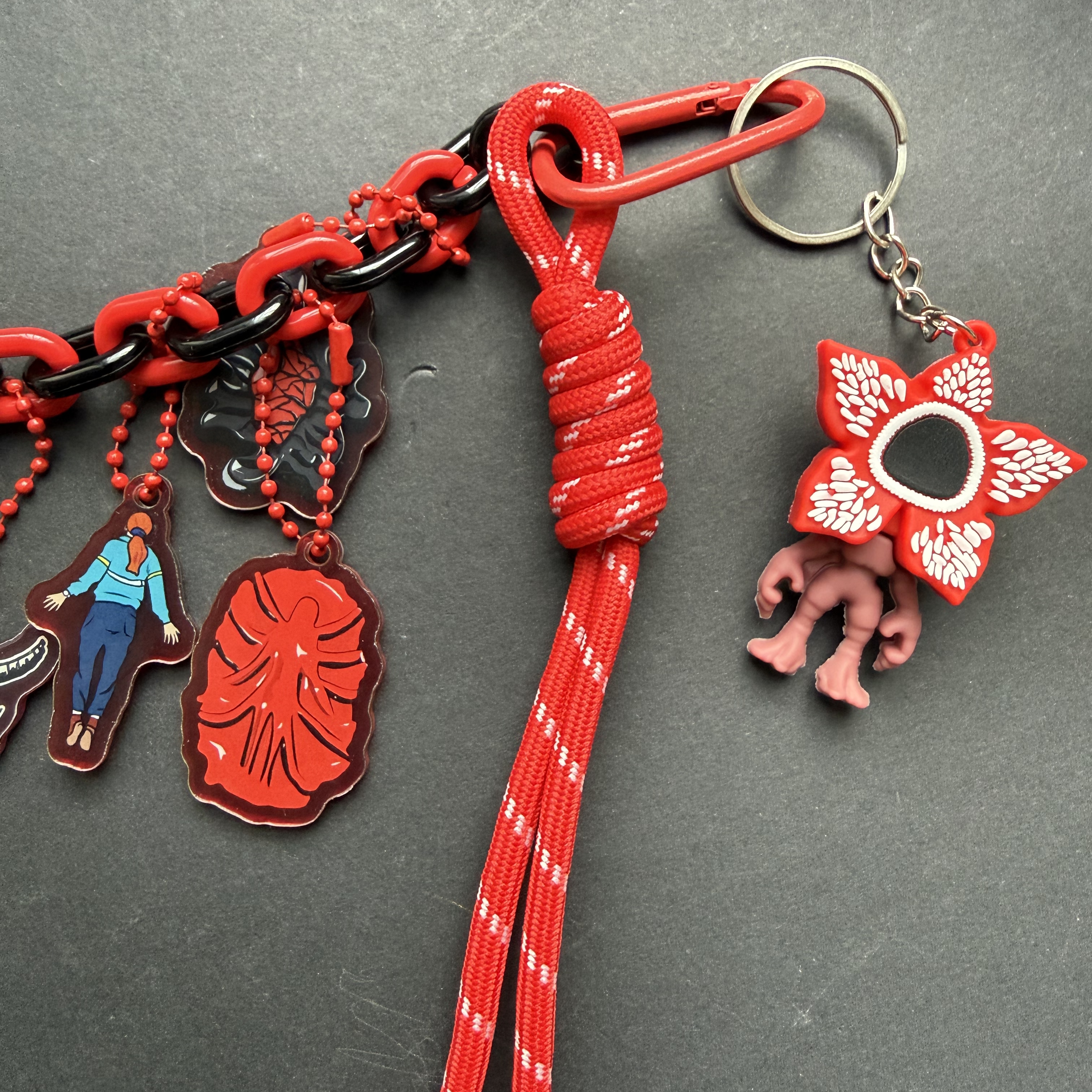 Handmade Stranger Things Bag Charm, Demogorgon Designer Keychain With Glowing Light Bulb, D&D Dice, Will Byers Missing Card, Hellfire Club Pendant, Backpack Accessory Gift for Fans