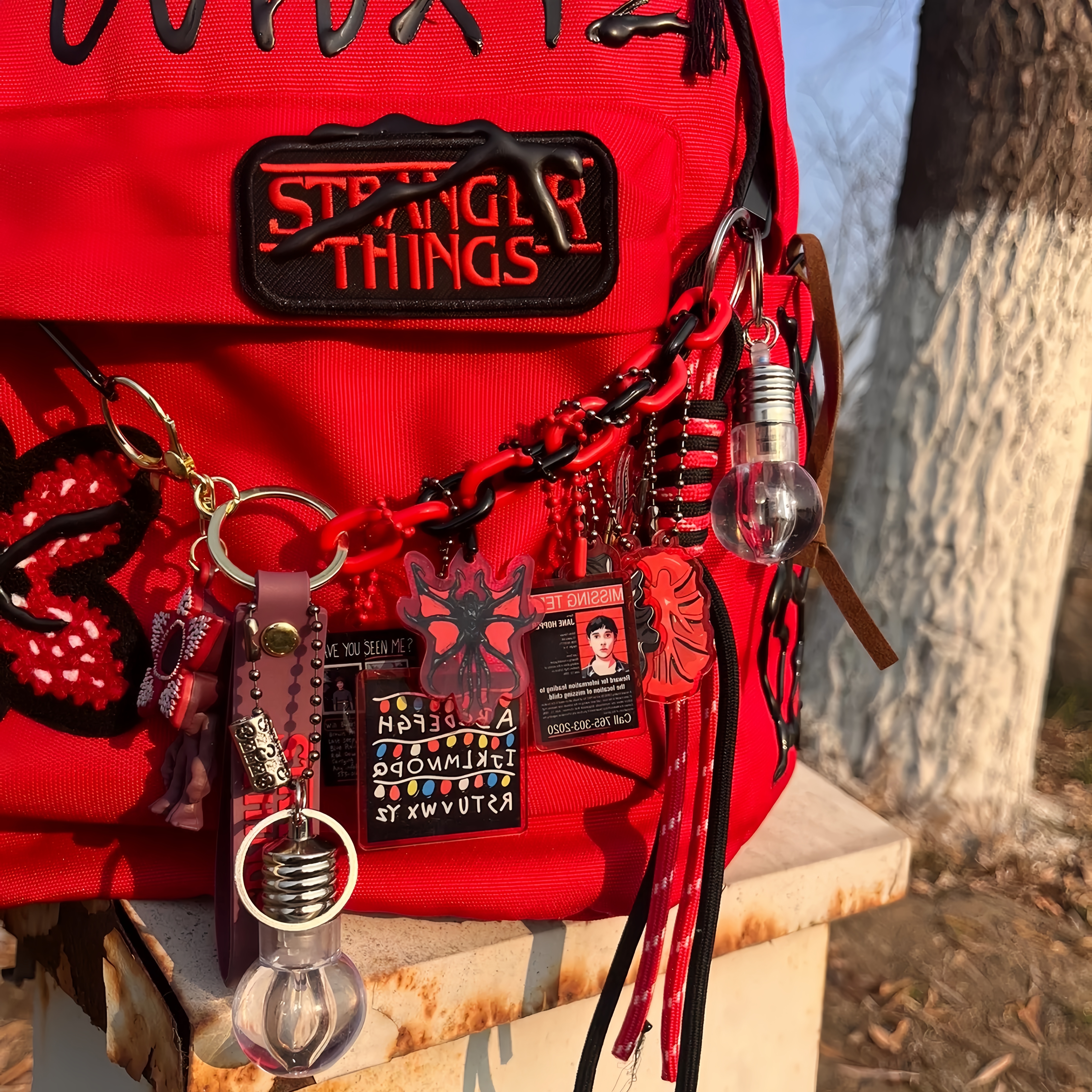 Handmade Stranger Things Bag Charm, Demogorgon Designer Keychain With Glowing Light Bulb, D&D Dice, Will Byers Missing Card, Hellfire Club Pendant, Backpack Accessory Gift for Fans