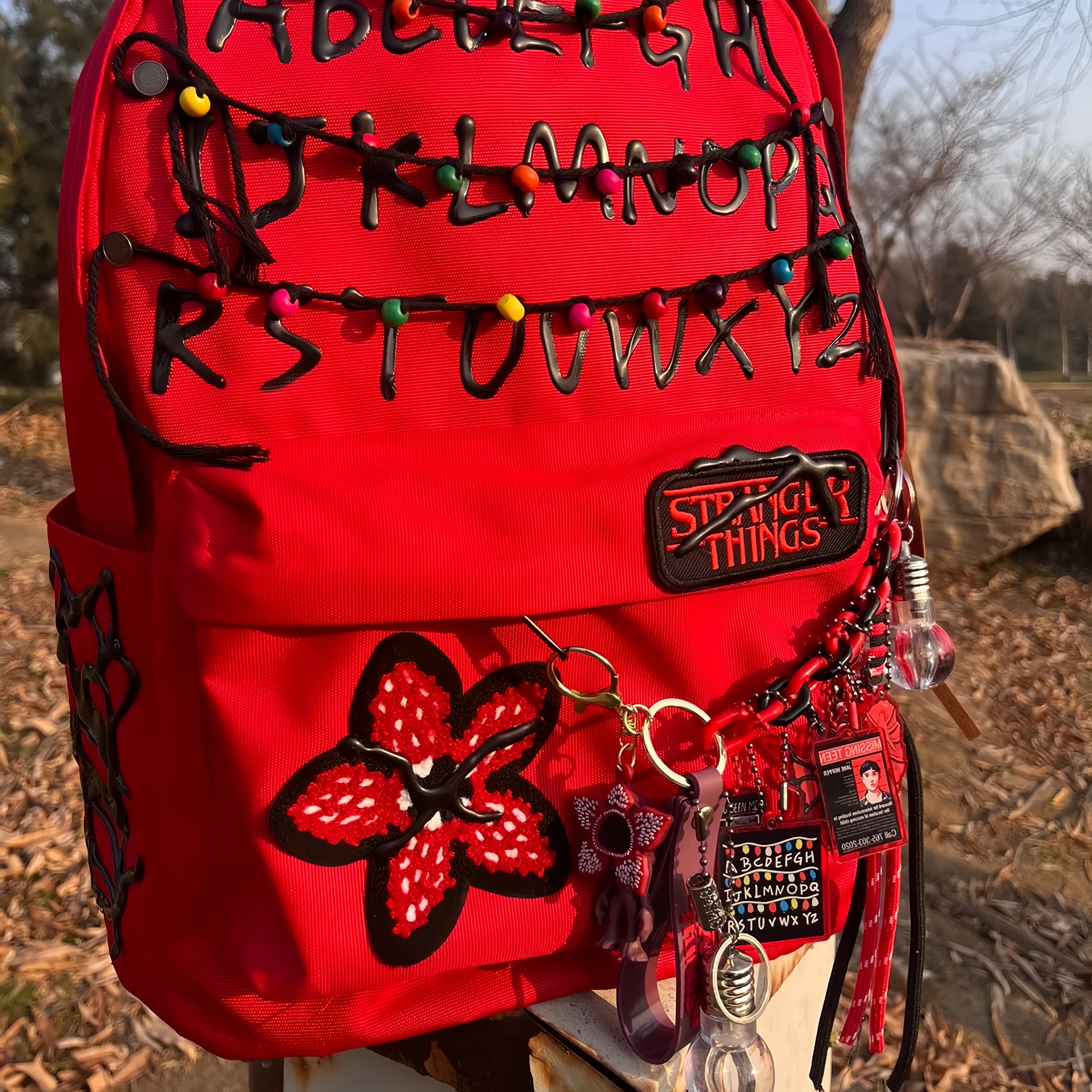 Handmade Stranger Things Bag Charm, Demogorgon Designer Keychain With Glowing Light Bulb, D&D Dice, Will Byers Missing Card, Hellfire Club Pendant, Backpack Accessory Gift for Fans