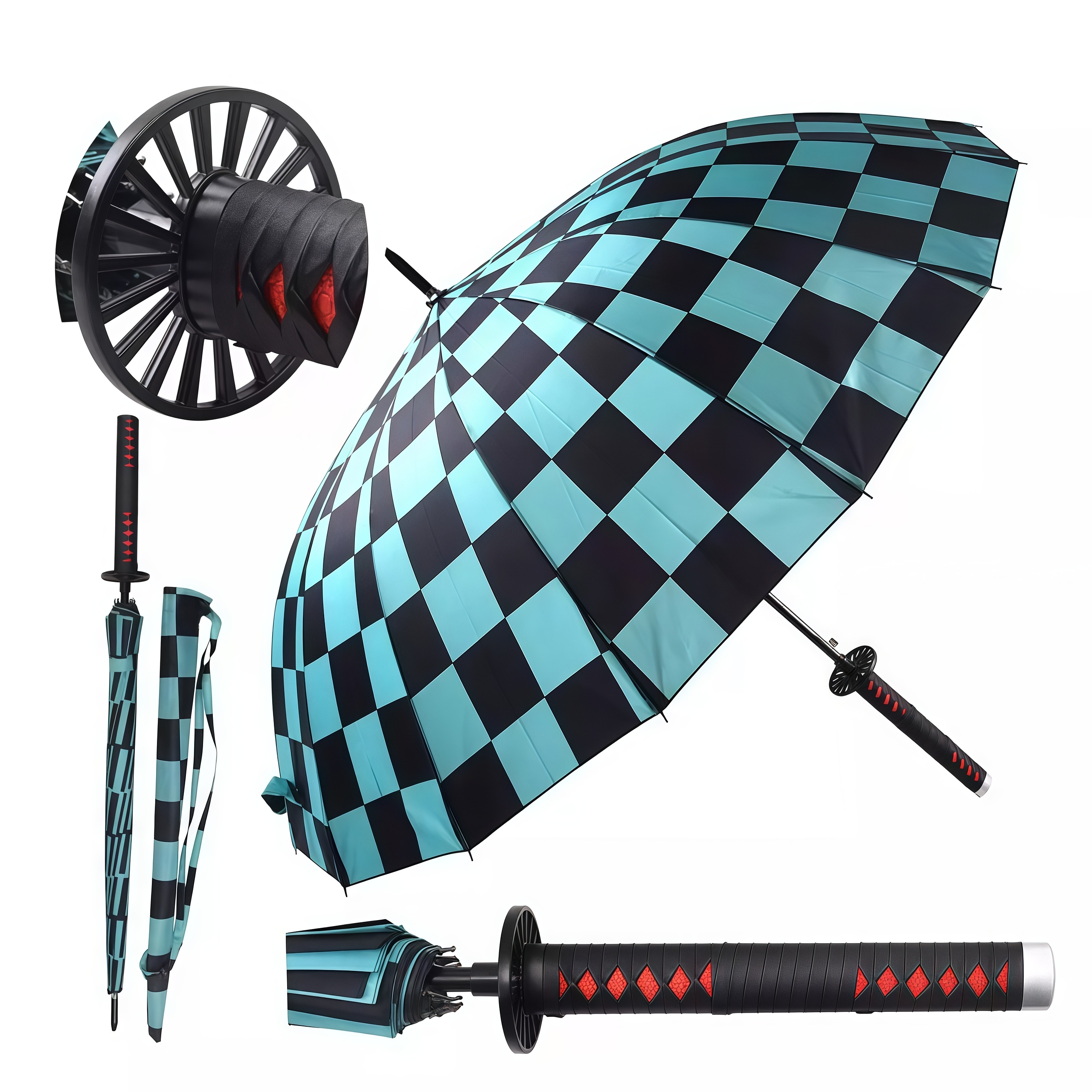 Samurai Katana Sword Handle Long Stick Umbrella,16‑Rib Semi‑Automatic Anime‑Style Print Cosplay Prop Rain Umbrella,Multiple Pattern Options