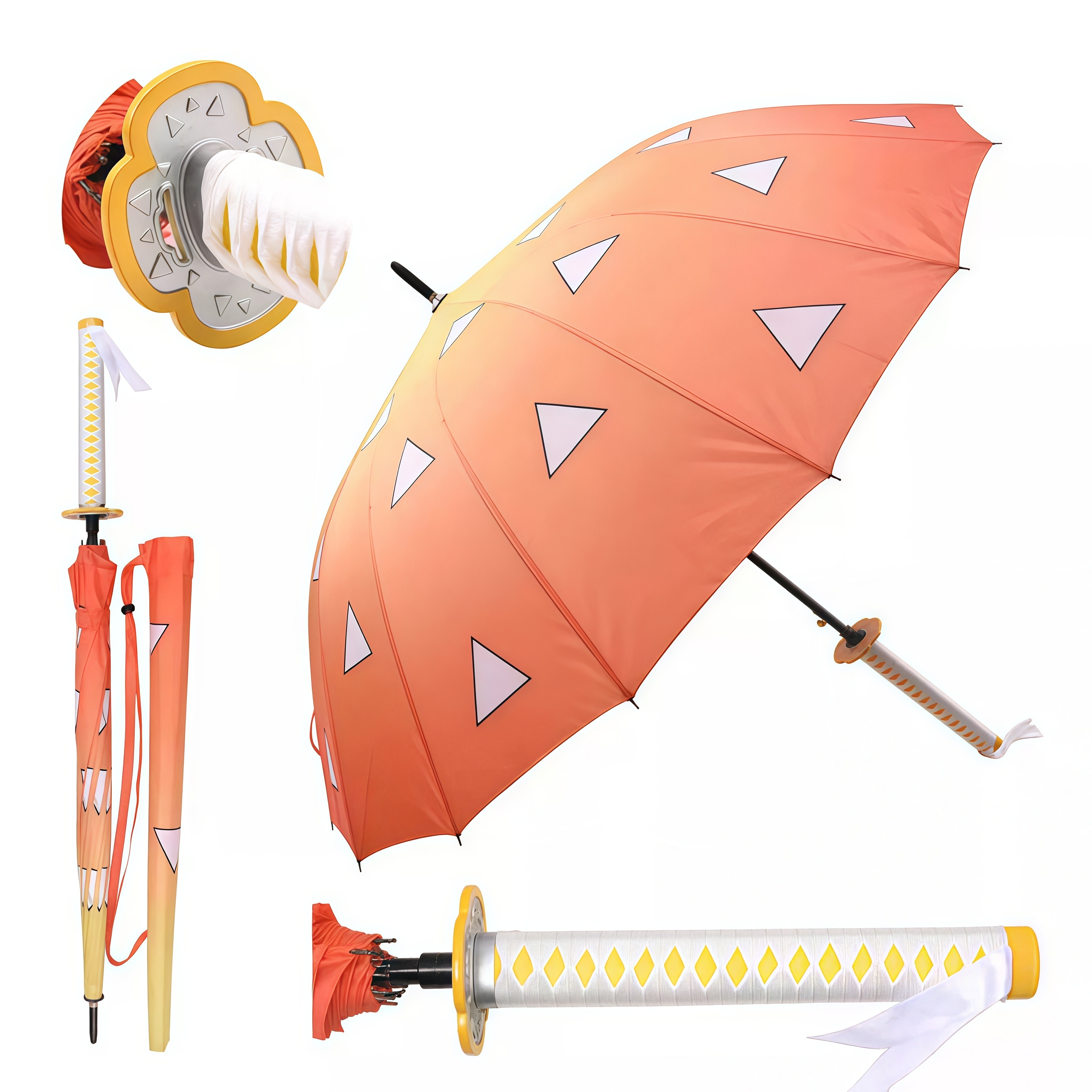 Samurai Katana Sword Handle Long Stick Umbrella,16‑Rib Semi‑Automatic Anime‑Style Print Cosplay Prop Rain Umbrella,Multiple Pattern Options