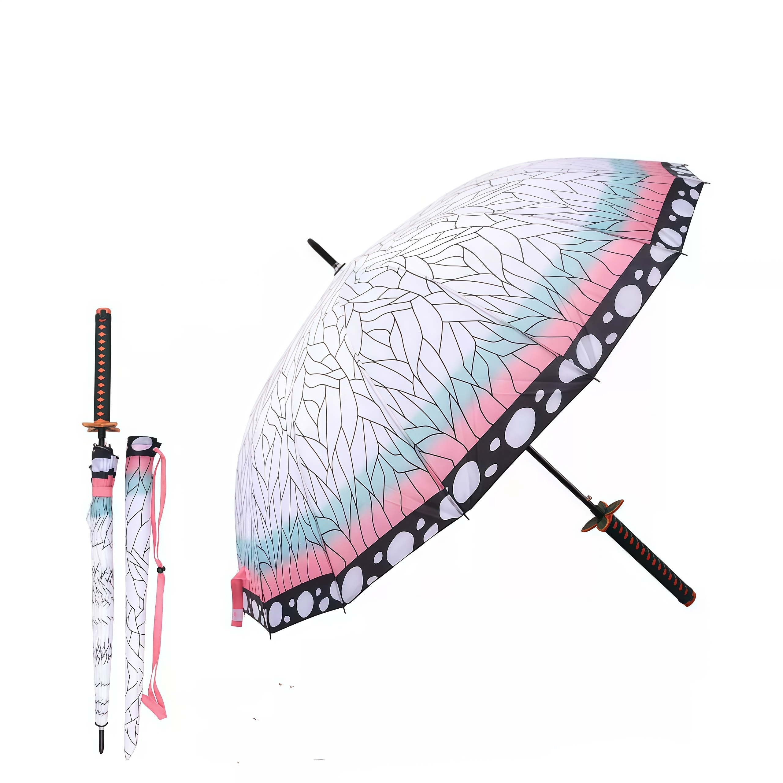 Samurai Katana Sword Handle Long Stick Umbrella,16‑Rib Semi‑Automatic Anime‑Style Print Cosplay Prop Rain Umbrella,Multiple Pattern Options