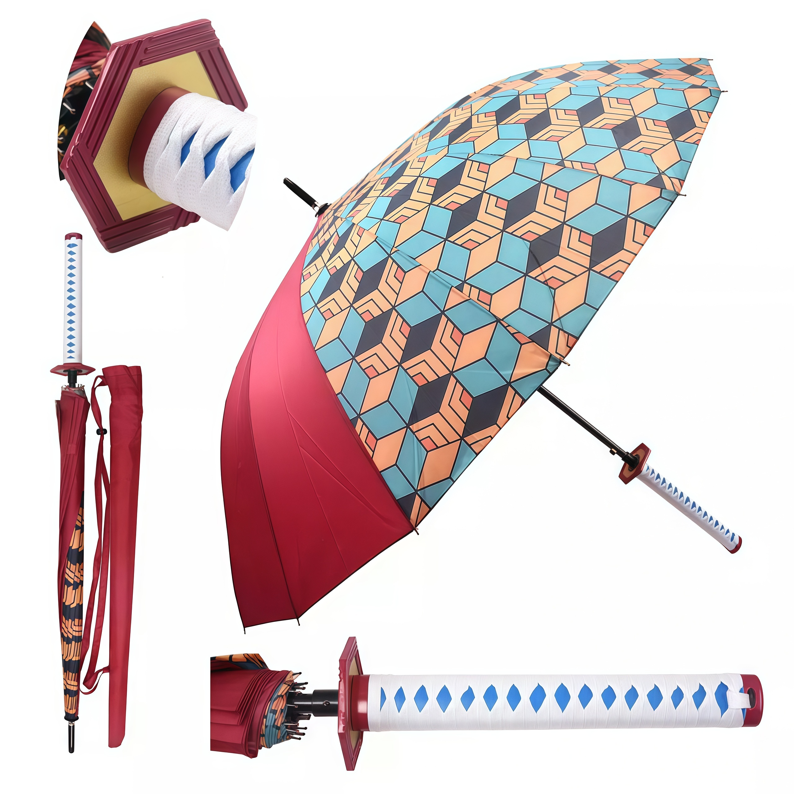 Samurai Katana Sword Handle Long Stick Umbrella,16‑Rib Semi‑Automatic Anime‑Style Print Cosplay Prop Rain Umbrella,Multiple Pattern Options