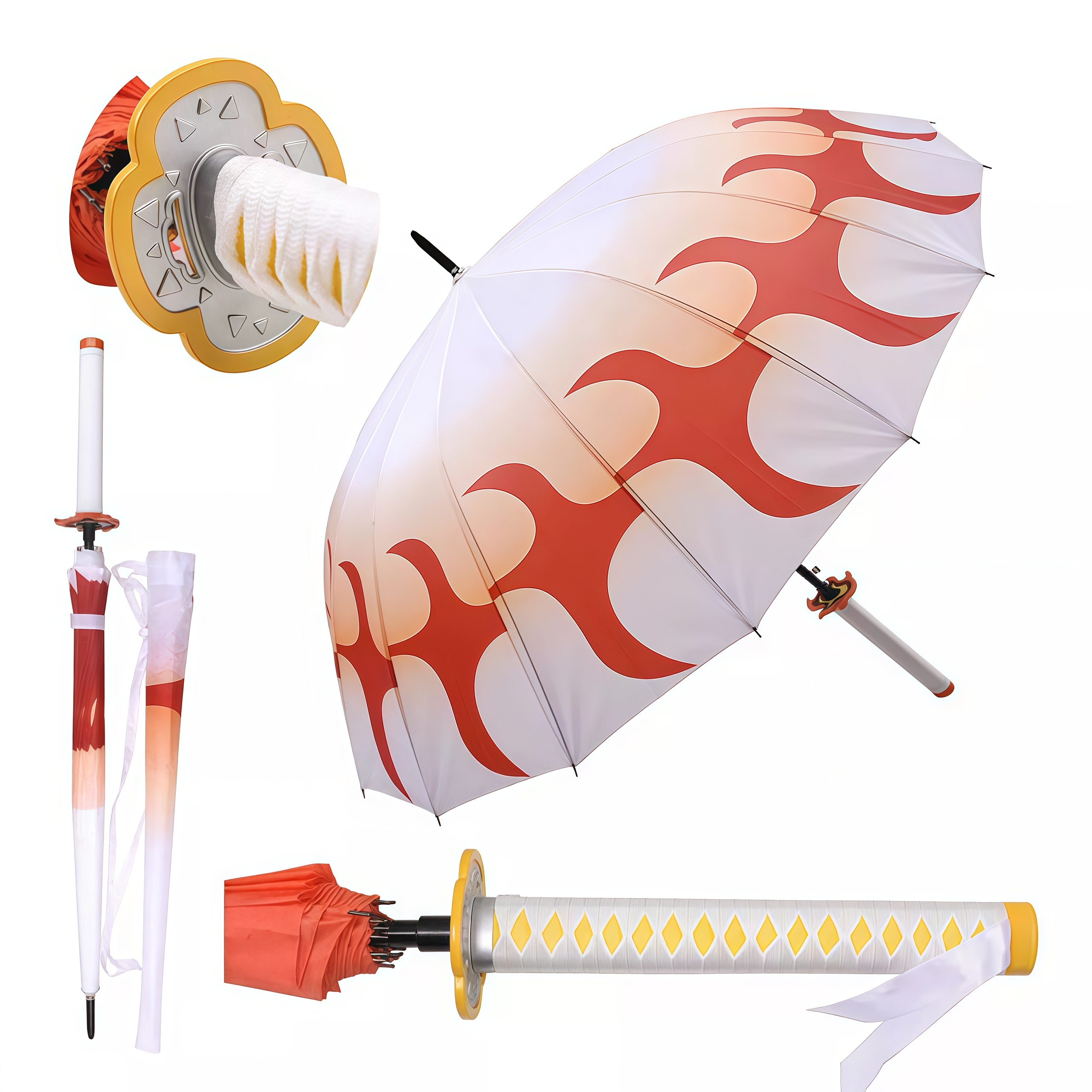Samurai Katana Sword Handle Long Stick Umbrella,16‑Rib Semi‑Automatic Anime‑Style Print Cosplay Prop Rain Umbrella,Multiple Pattern Options