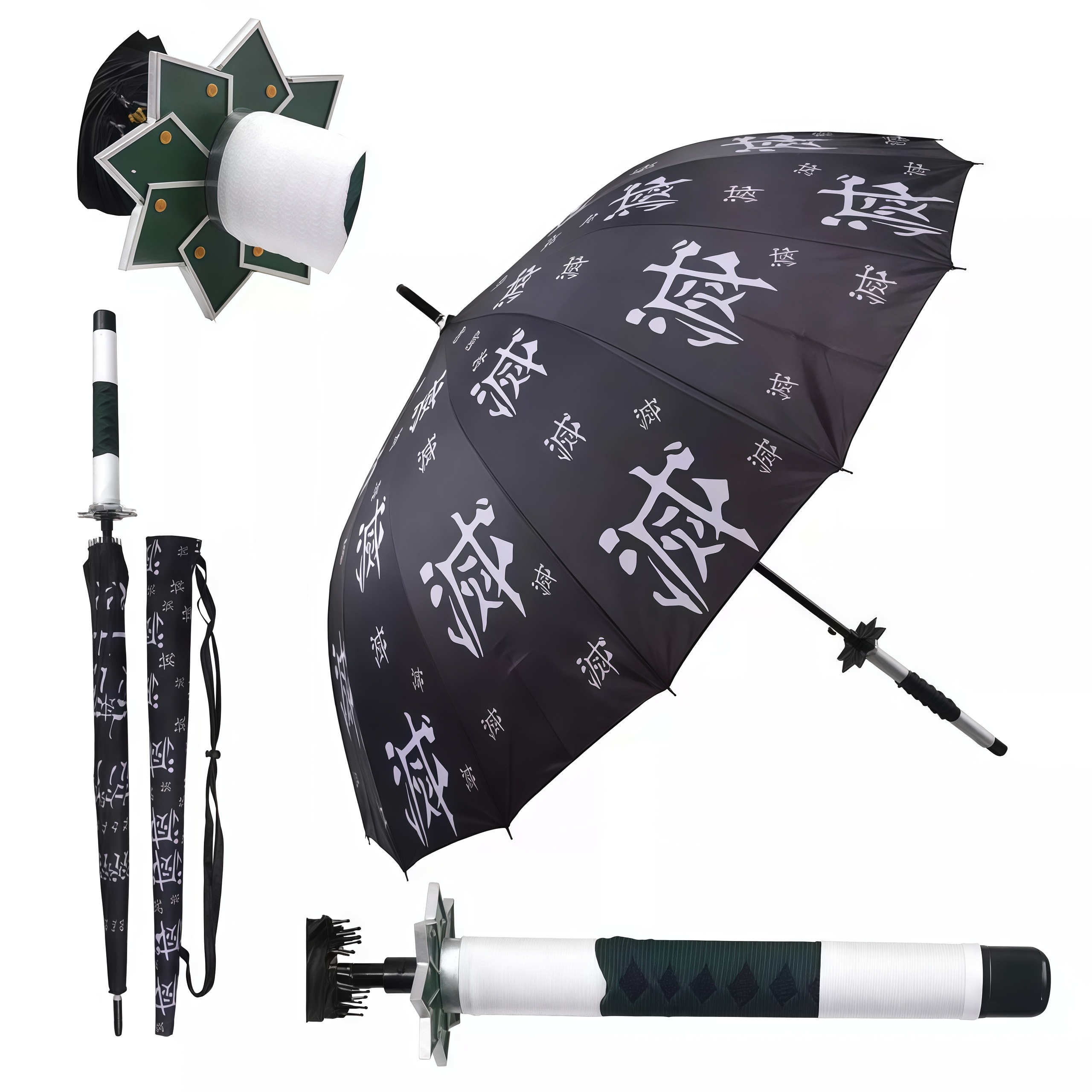 Samurai Katana Sword Handle Long Stick Umbrella,16‑Rib Semi‑Automatic Anime‑Style Print Cosplay Prop Rain Umbrella,Multiple Pattern Options