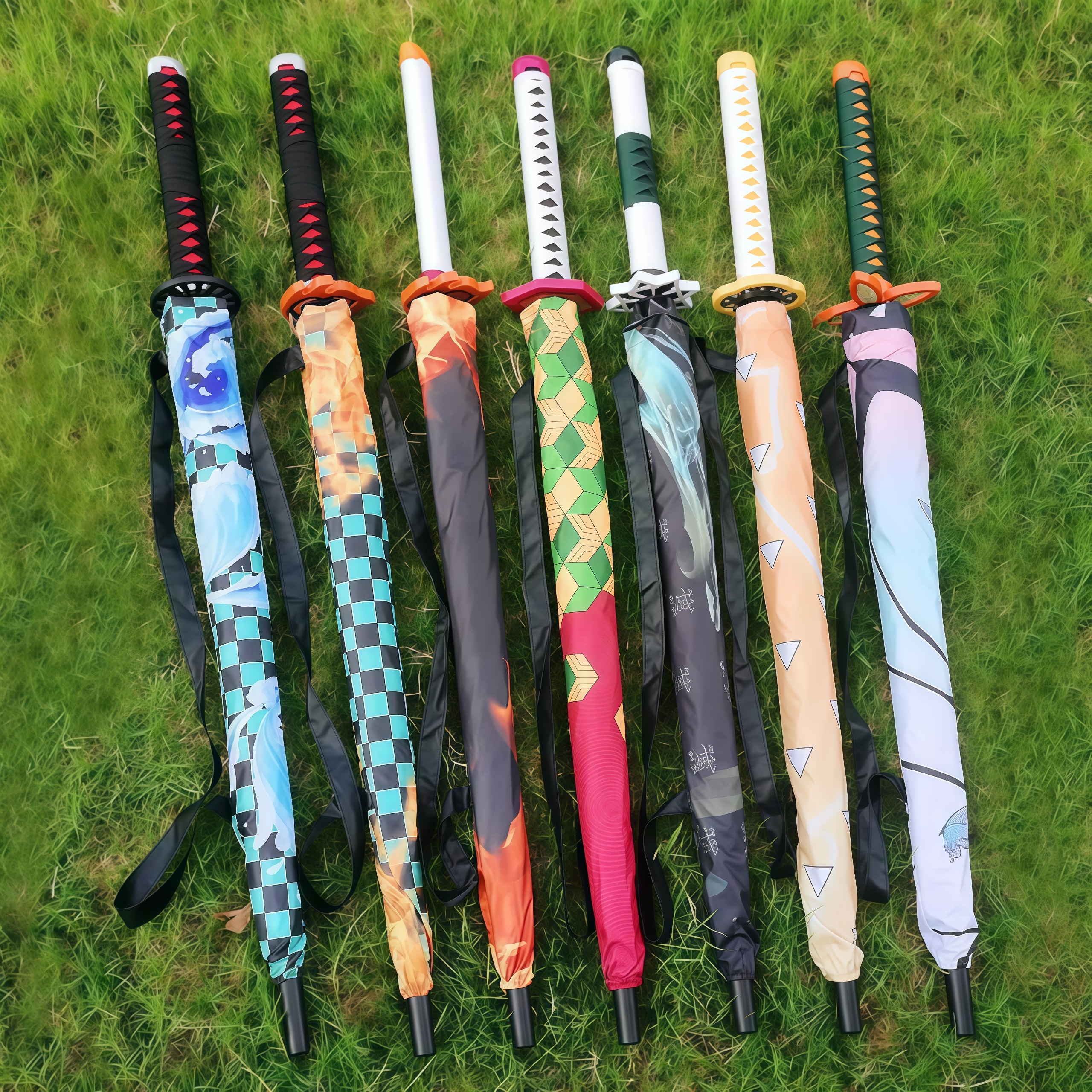 Samurai Katana Sword Handle Long Stick Umbrella,16‑Rib Semi‑Automatic Anime‑Style Print Cosplay Prop Rain Umbrella,Multiple Pattern Options