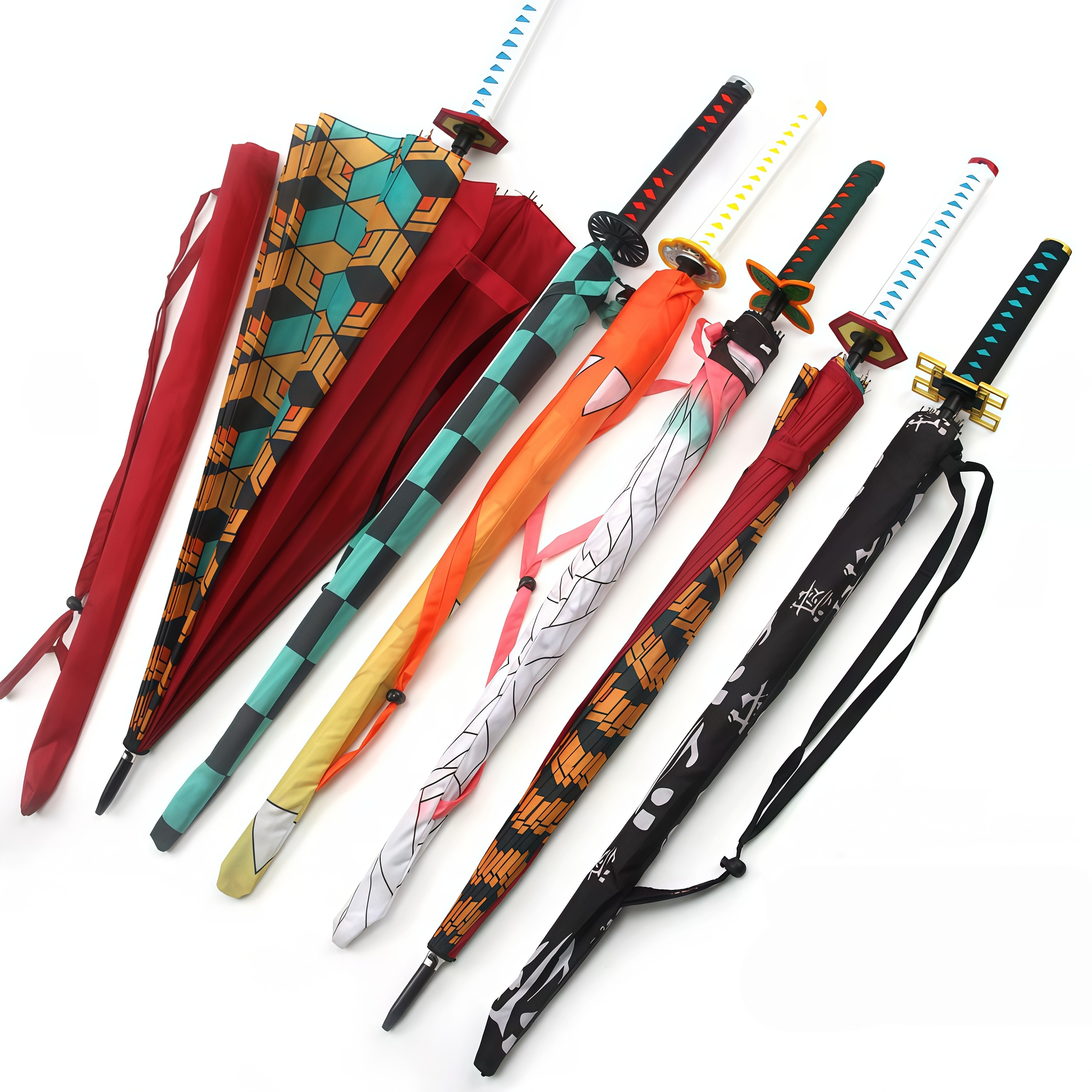 Samurai Katana Sword Handle Long Stick Umbrella,16‑Rib Semi‑Automatic Anime‑Style Print Cosplay Prop Rain Umbrella,Multiple Pattern Options