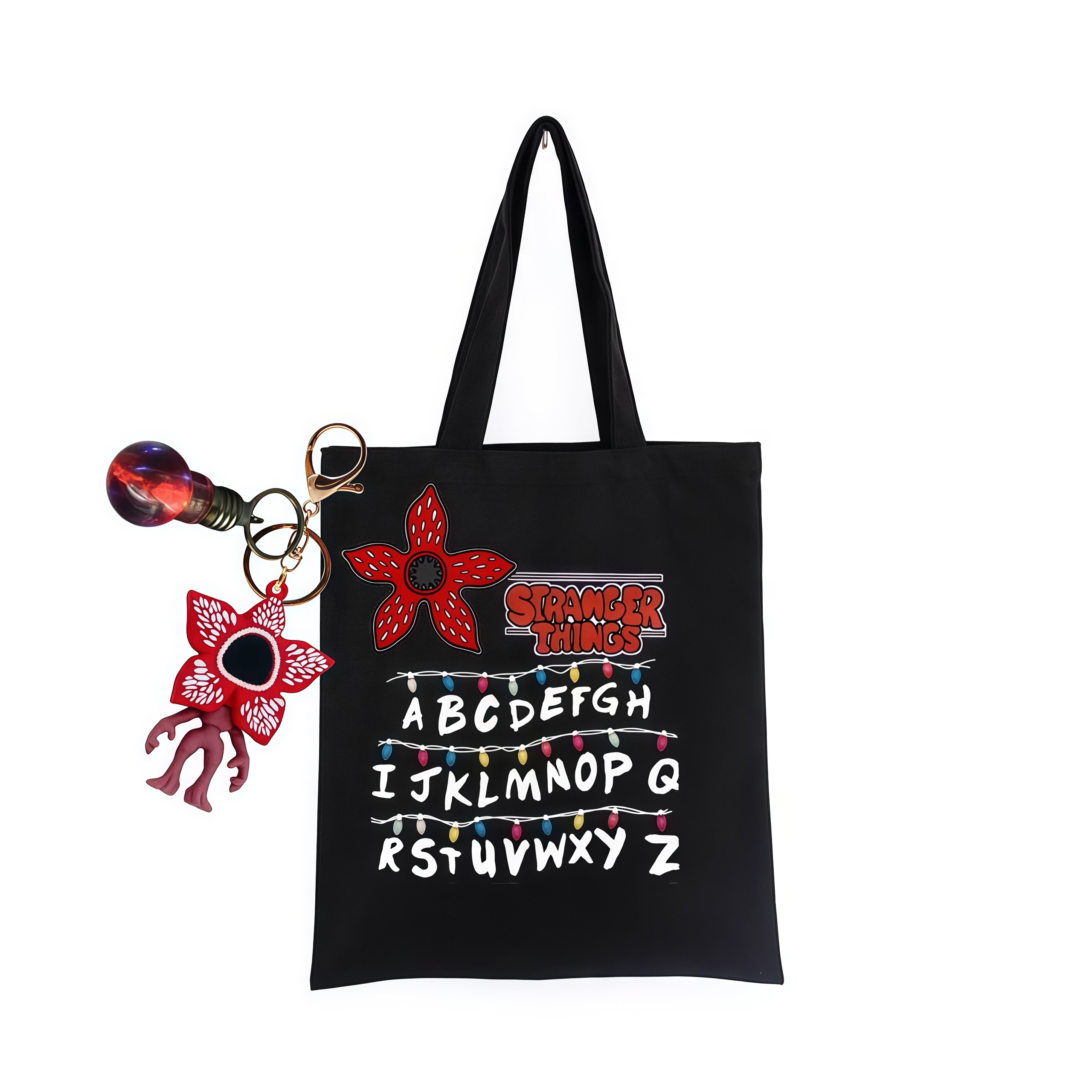 Retro Printed Red Canvas Tote Bag, Monster‑Flower & Alphabet String‑Light Graphic Handbag, Large Capacity Casual Travel Shopping Shoulder Tote for Daily Commute