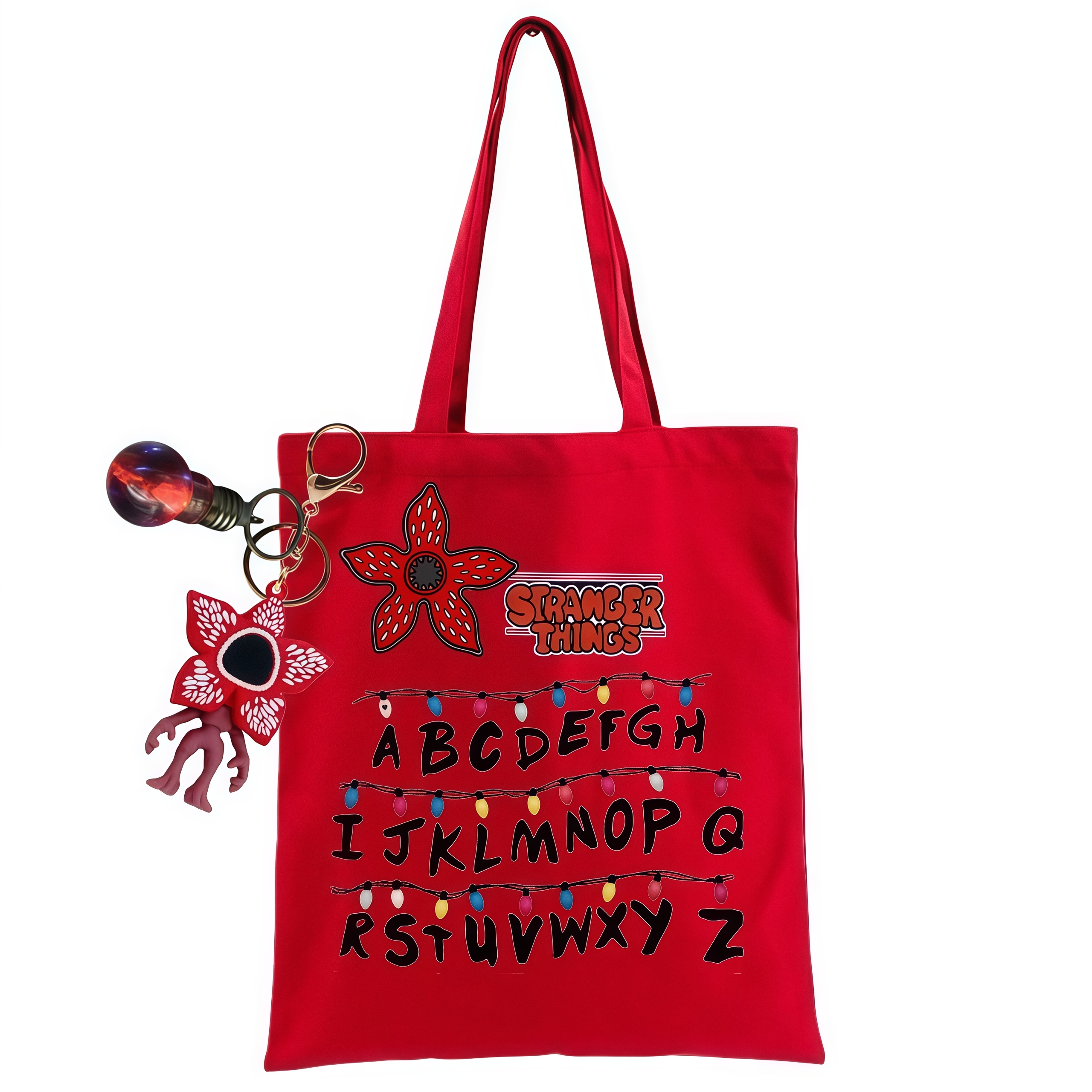 Retro Printed Red Canvas Tote Bag, Monster‑Flower & Alphabet String‑Light Graphic Handbag, Large Capacity Casual Travel Shopping Shoulder Tote for Daily Commute
