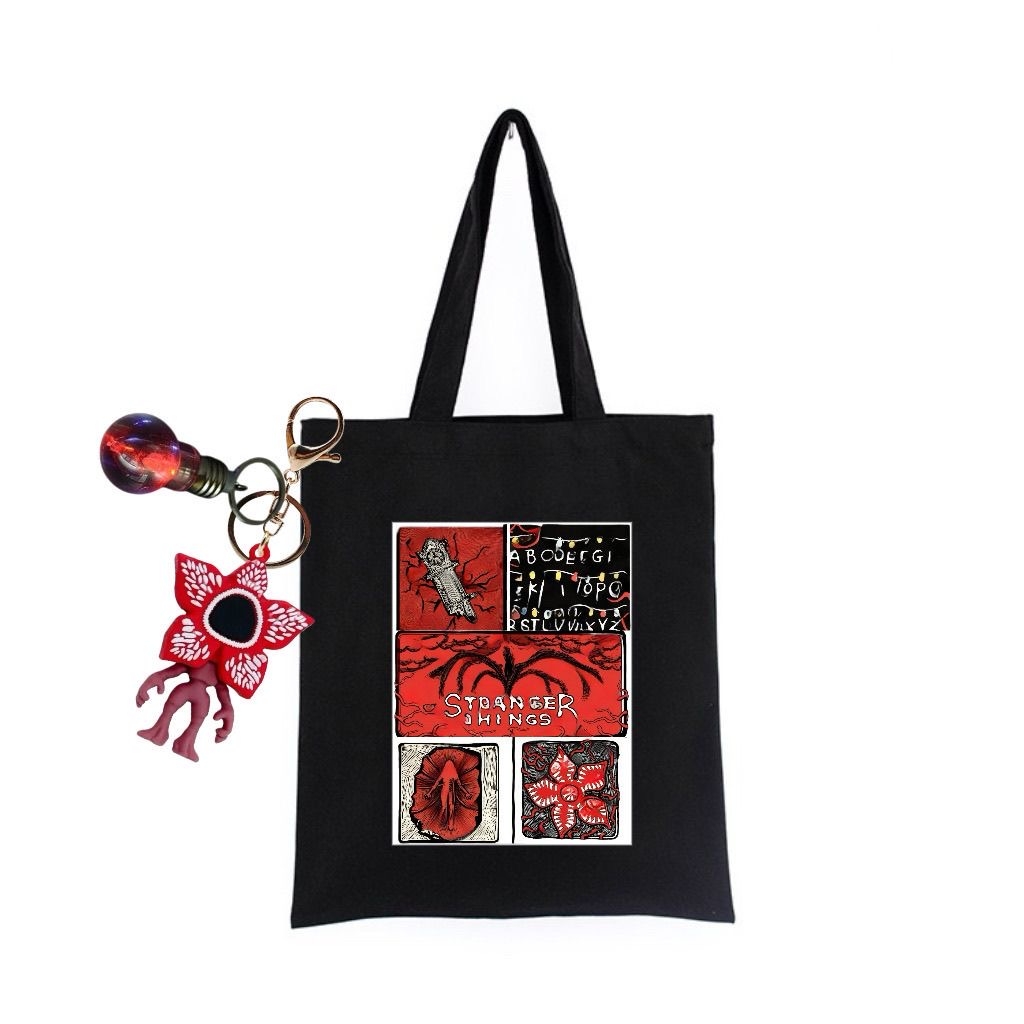 Retro Printed Red Canvas Tote Bag, Monster‑Flower & Alphabet String‑Light Graphic Handbag, Large Capacity Casual Travel Shopping Shoulder Tote for Daily Commute