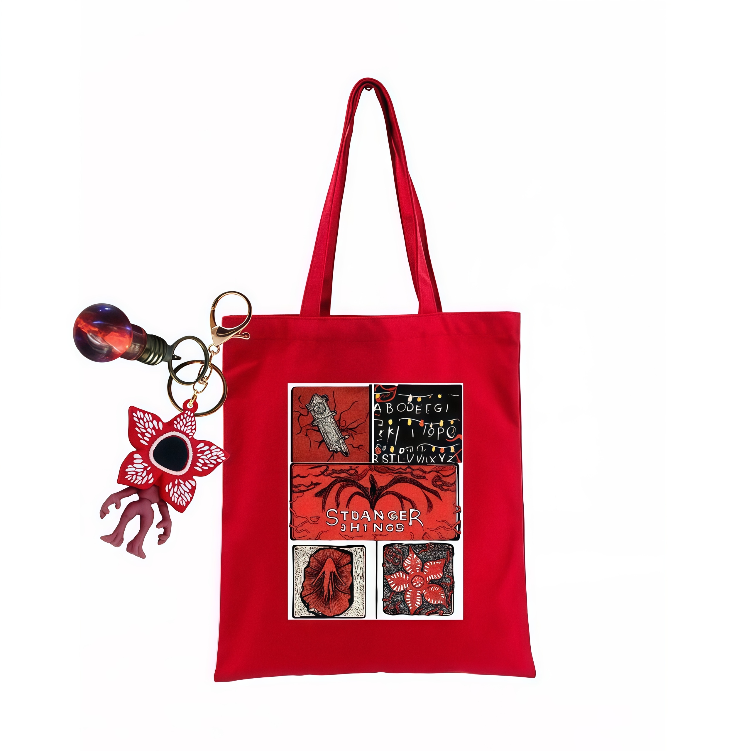 Retro Printed Red Canvas Tote Bag, Monster‑Flower & Alphabet String‑Light Graphic Handbag, Large Capacity Casual Travel Shopping Shoulder Tote for Daily Commute