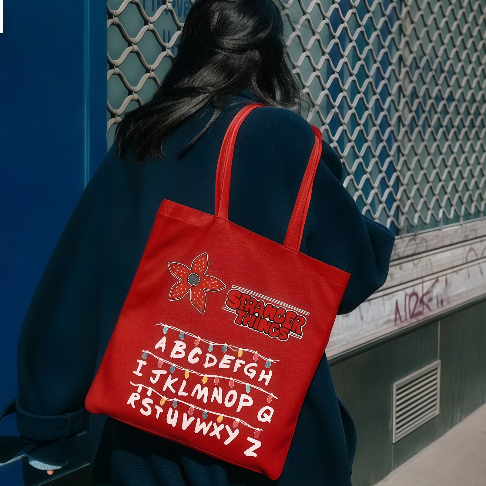 Retro Printed Red Canvas Tote Bag, Monster‑Flower & Alphabet String‑Light Graphic Handbag, Large Capacity Casual Travel Shopping Shoulder Tote for Daily Commute