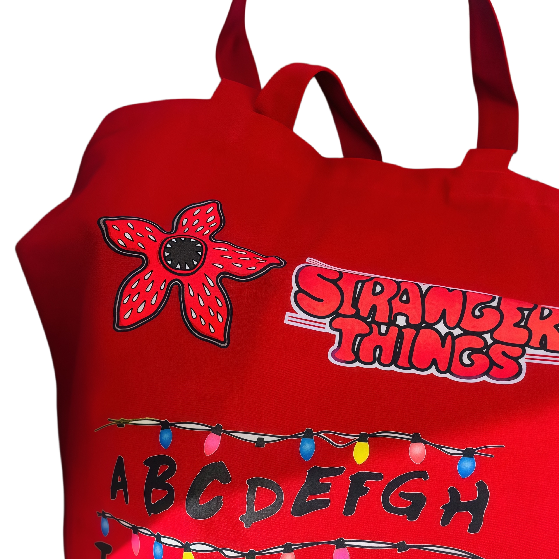 Retro Printed Red Canvas Tote Bag, Monster‑Flower & Alphabet String‑Light Graphic Handbag, Large Capacity Casual Travel Shopping Shoulder Tote for Daily Commute