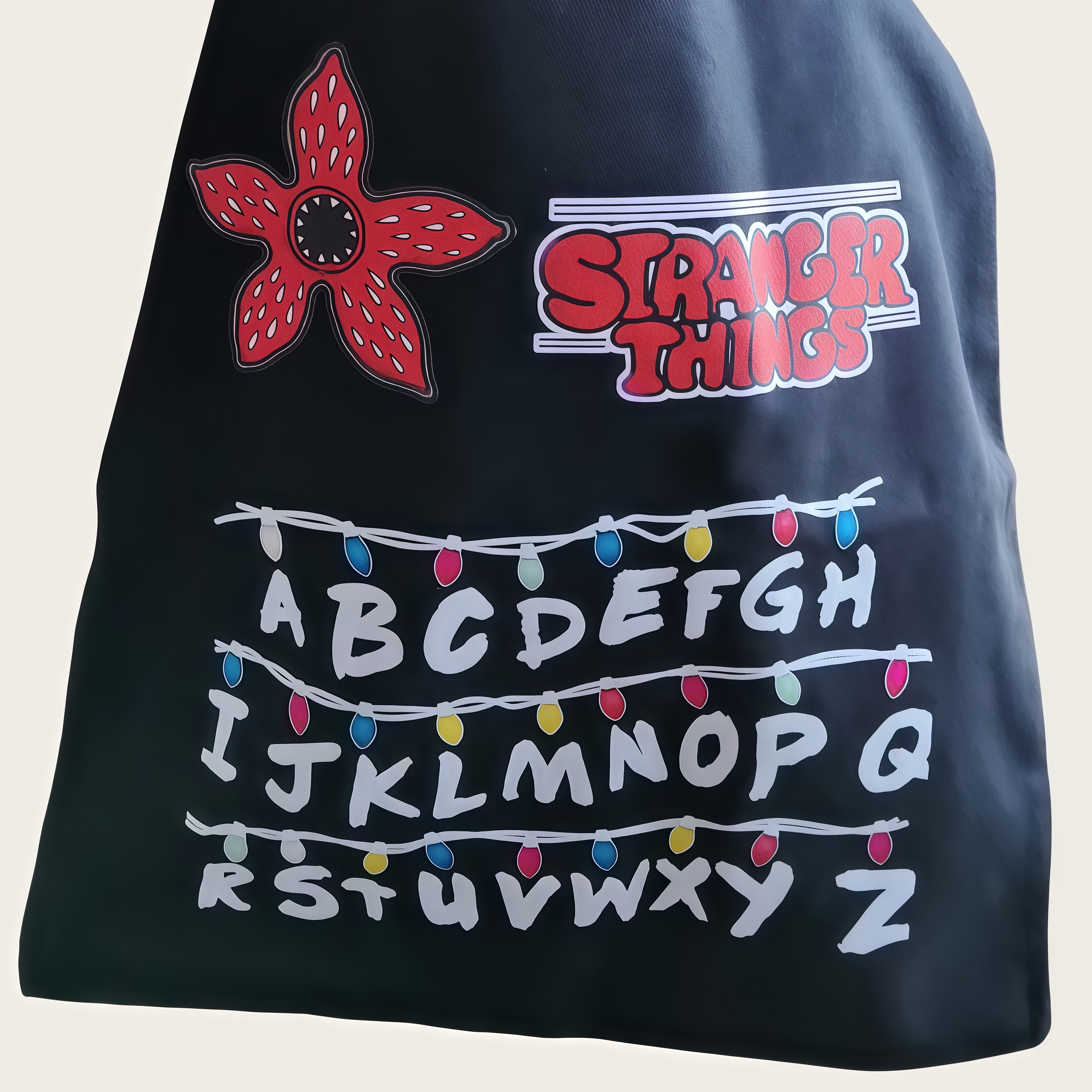 Retro Printed Red Canvas Tote Bag, Monster‑Flower & Alphabet String‑Light Graphic Handbag, Large Capacity Casual Travel Shopping Shoulder Tote for Daily Commute